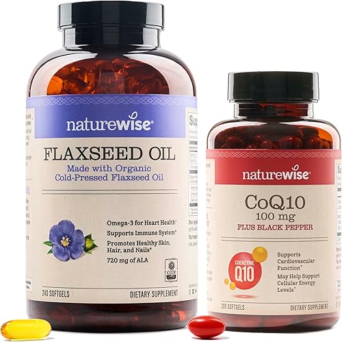 NatureWise 1 Aceite de linaza de 1200 mg  orgánico, prensado en frío, 240 cápsulas blandas suministro de 240 días + 1 CoQ10 100mg + pimienta negra,