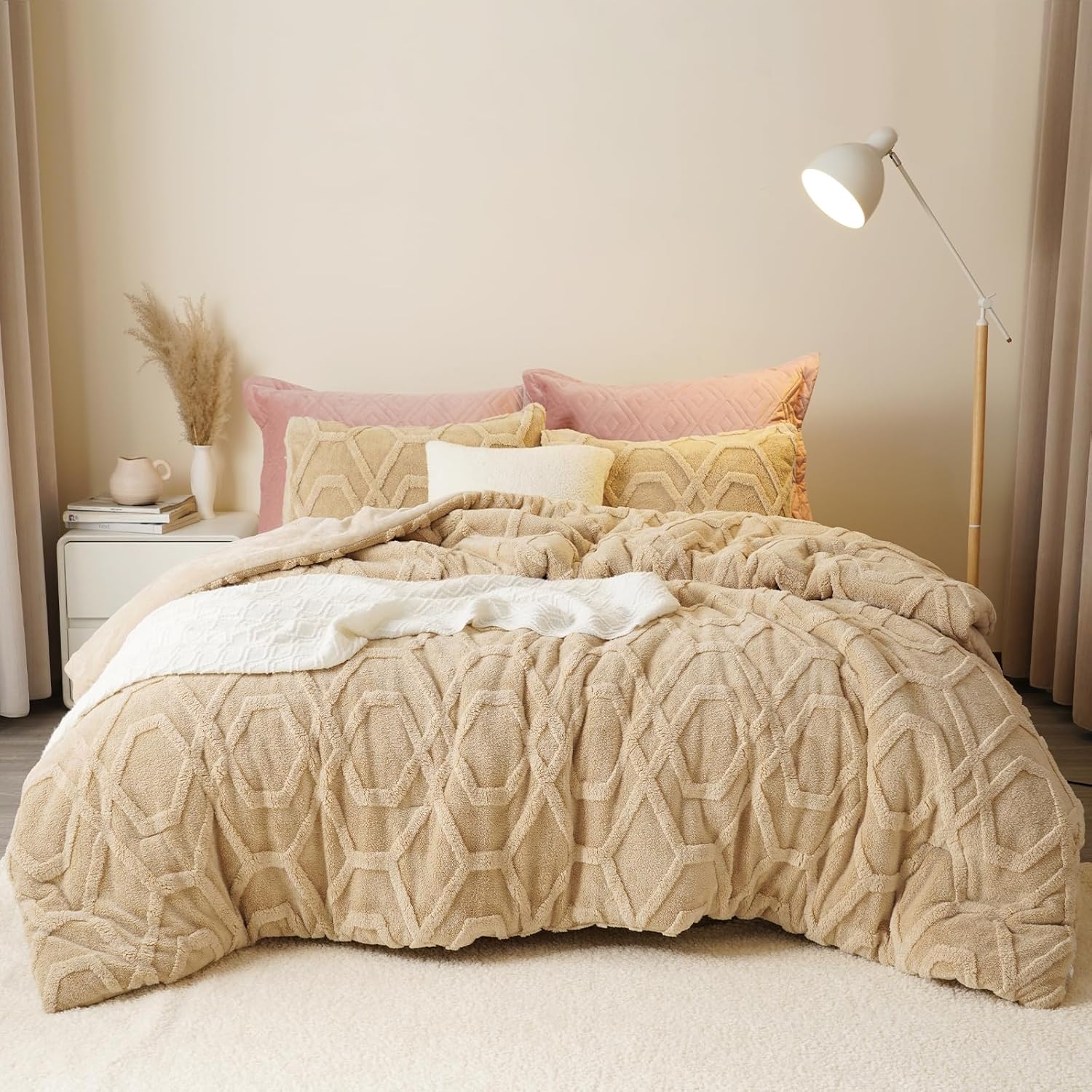 PHF Warm Sherpa Fleece Comforter Set Queen, 3 Pieces Fuzzy