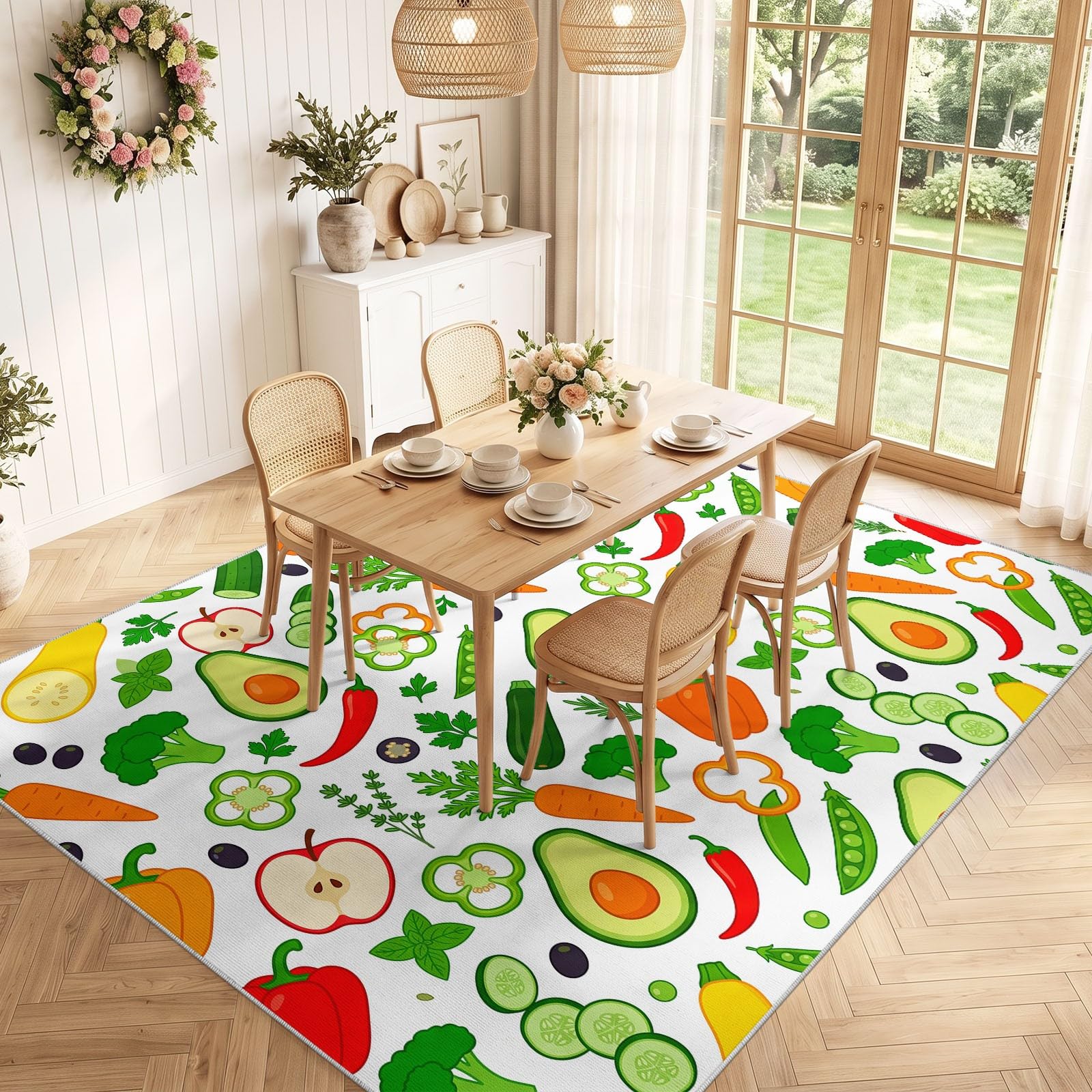 Alfombras lavables para sala de estar, 150 x 210 cm, alfombras esponjosas para dormitorio, antideslizantes, de pelo bajo, suaves, frescas, naturales, frutas, verduras, con patrón colorido, alfombras