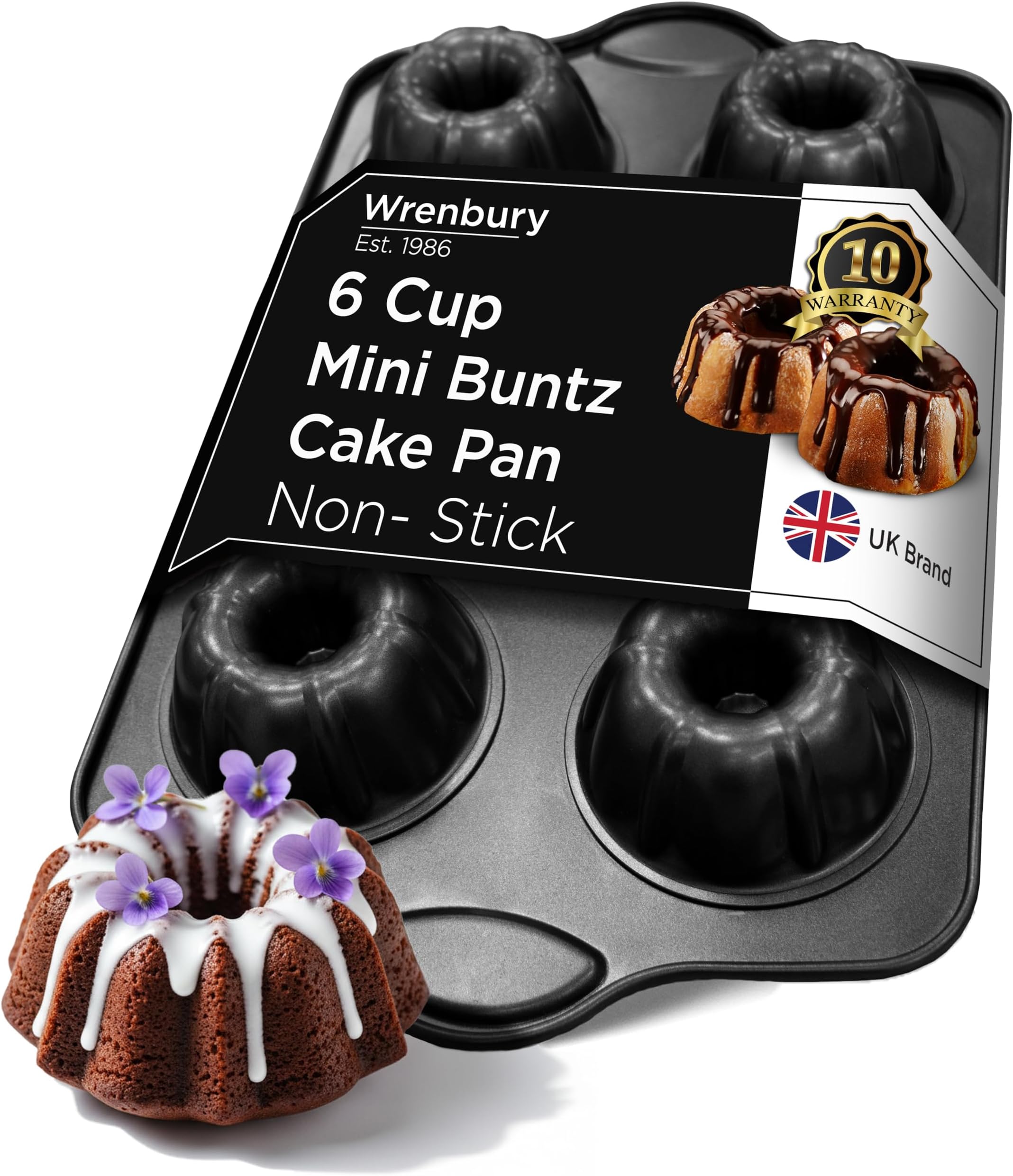 Wrenbury Nonstick Mini Buntz Cake Pan Non Stick for Baking - 6 Cup Bundlette Fluted Cake Tin for Small Cakes - PFOA Free and Dishwasher Safe - 3.75” Cup Width