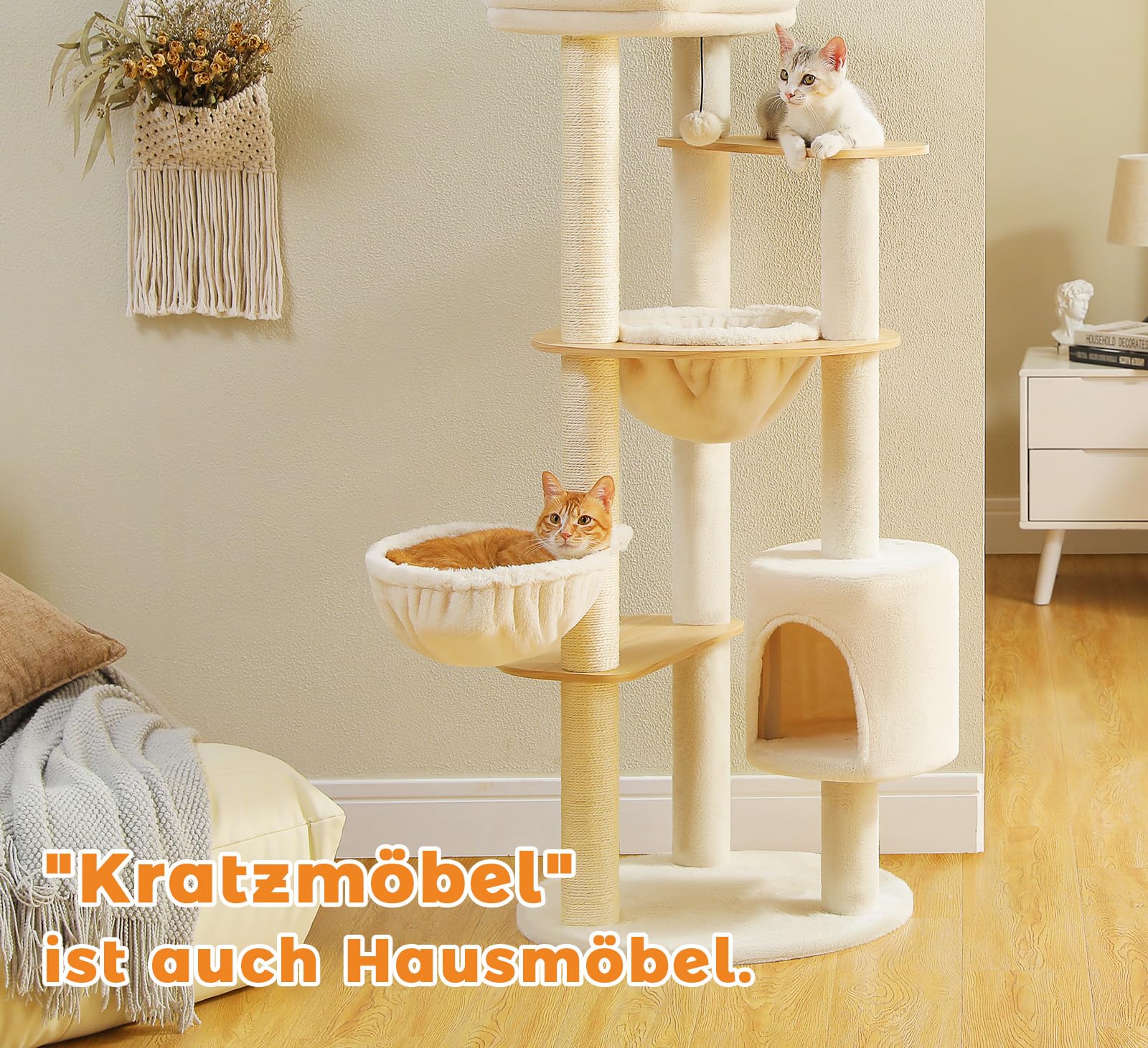 Kratzbaum, 136 cm Katzenturm für Wohnungskatzen, mehrstöckiges Katzenhaus mit Kratzsäulen, 2 Plattformen, Hängematte, Höhle, Acrylnest Haustiermöbel,Acryl (Normaler)