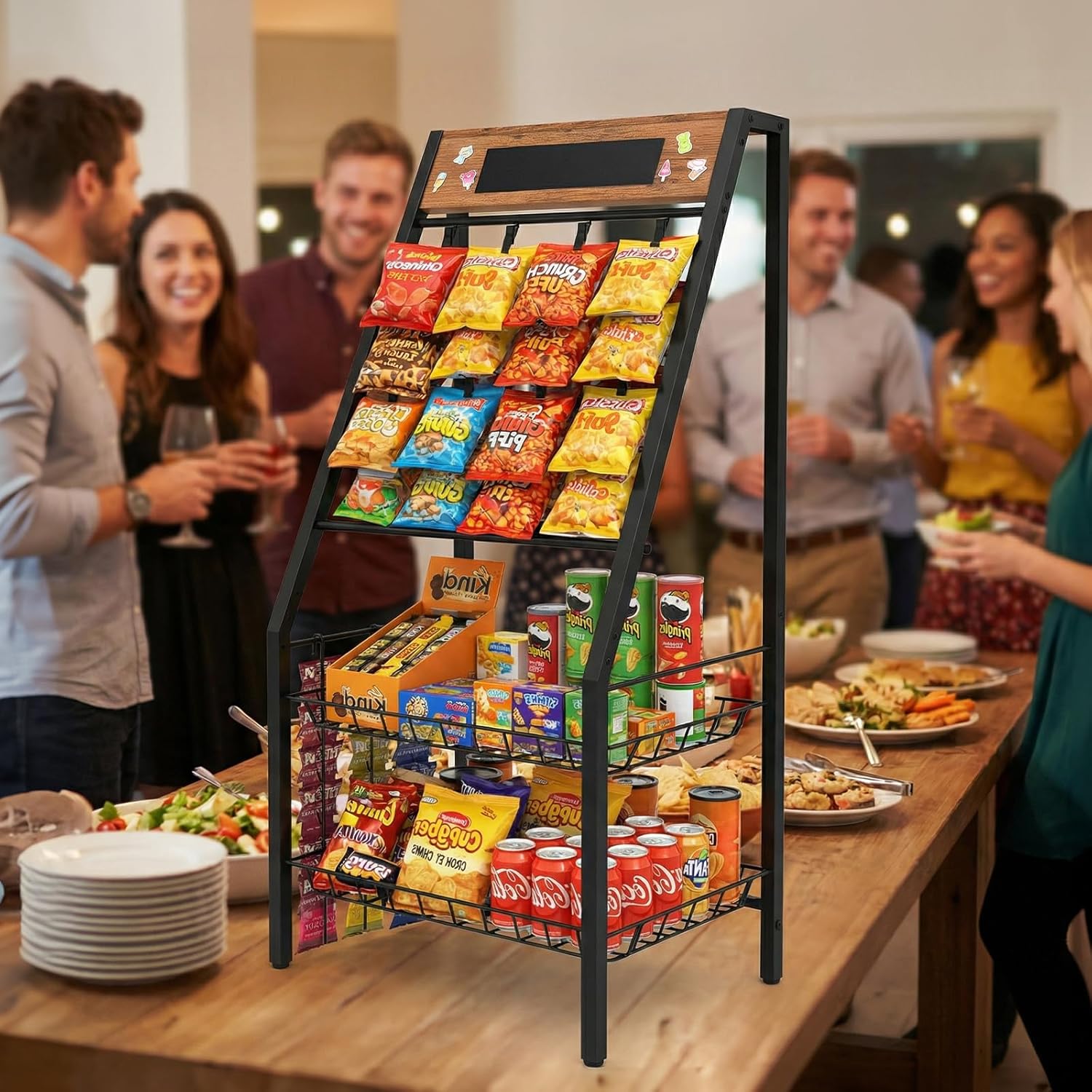 4 Tiers Snack Rack Display Stand - Chip Candy Organizer with 7 Hanger Strip Hooks, 34 Clips & Basket Storage, Metal Retail Display Shelf for Snack Bar, Countertop, Store, Kitchen, Party, Office