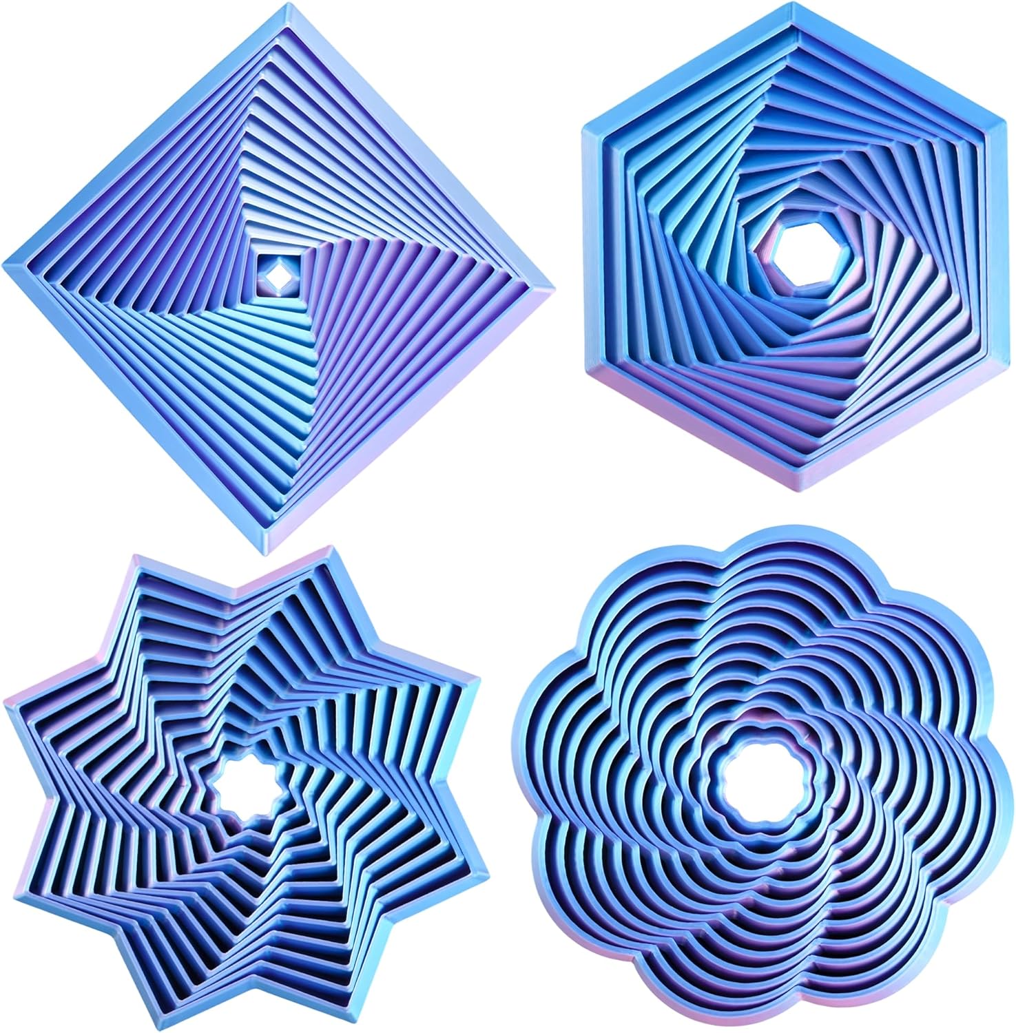 4PCS 3D Printed Fractal Whirling Fidget Toys, Geometric Spiral Sensory Toy Pack, Stress Relief ADHD Focus Desk Toys, Optical Illusion Kinetic Decor, Gifts for Kids Adults(Purple Blue)