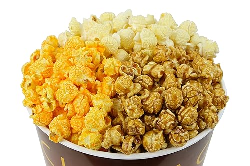 Miniatura 3 de Signature Popcorn, Cubo de plástico reutilizable Gold Chicago Skyline de 1 galón, mantequilla, queso cheddar y caramelo (divisor de 3 vías),