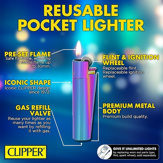 Clipper Klasik Büyük Metal Yeniden Kullanılabilir Çakmaklar - Zarif Hediye Kutusu Dahil - Birinci Sınıf Kalite Doldurulabilir Bütan Çakmak Kamp, Günlük Kullanım için Çok Amaçlı - ICY Renk Koleksiyonu