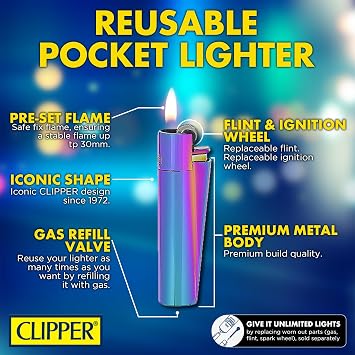 Clipper Klasik Büyük Metal Yeniden Kullanılabilir Çakmaklar - Zarif Hediye Kutusu Dahil - Birinci Sınıf Kalite Doldurulabilir Bütan Çakmak Kamp, Günlük Kullanım için Çok Amaçlı - ICY Renk Koleksiyonu
