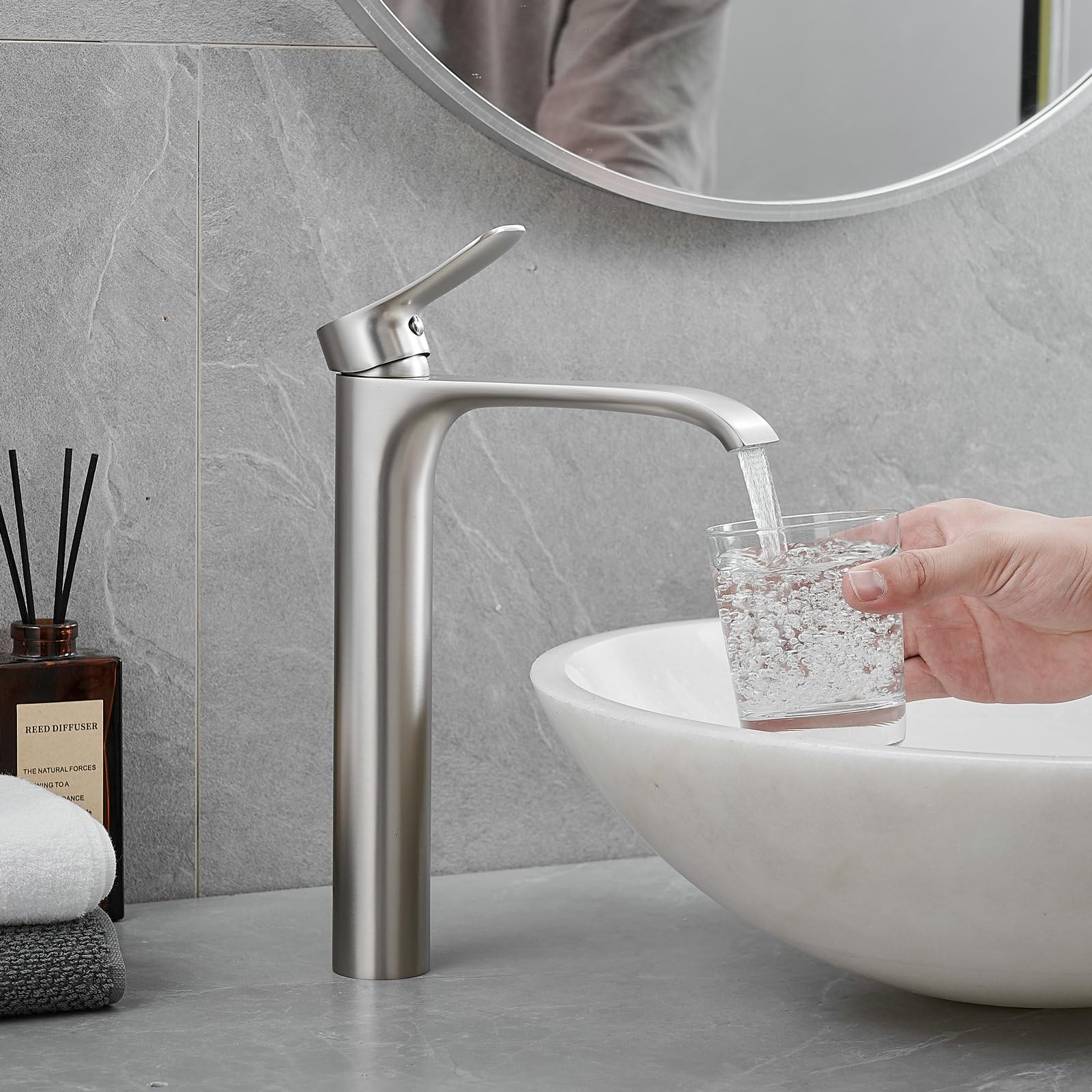 Tall Vessel Sink Faucet Bathroom Waterfall Faucet Brushed Nickel Finished Single Handle Matte Black Vanity Bathroom Faucet Basin Mixer Tap with Water Supply Hose and Pop Up Sink Drain