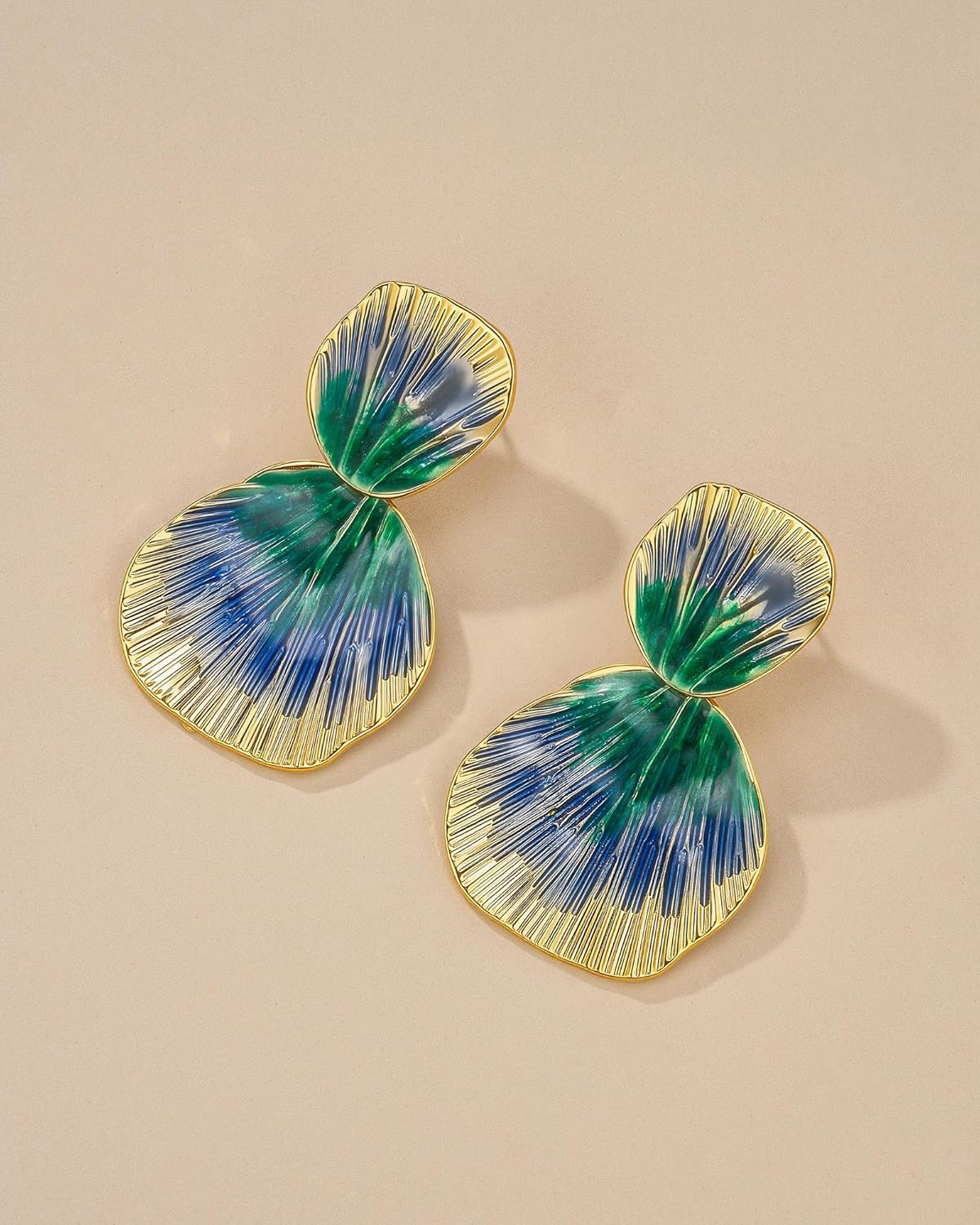 Colorful 18K gold plated Boho Chunky Leaf Floral Geometric Textured Dangling Statement Earrings for Women by SNGIA, Large Orange Green Handmade Trendy Ribbed Fan Dangle Jewelry Gifts, Big Summer Round Oval Square African Beachy Vacation Flower Fashion Accessories, Vintage Thick Bohemian Nickle Free Huggie Earring.