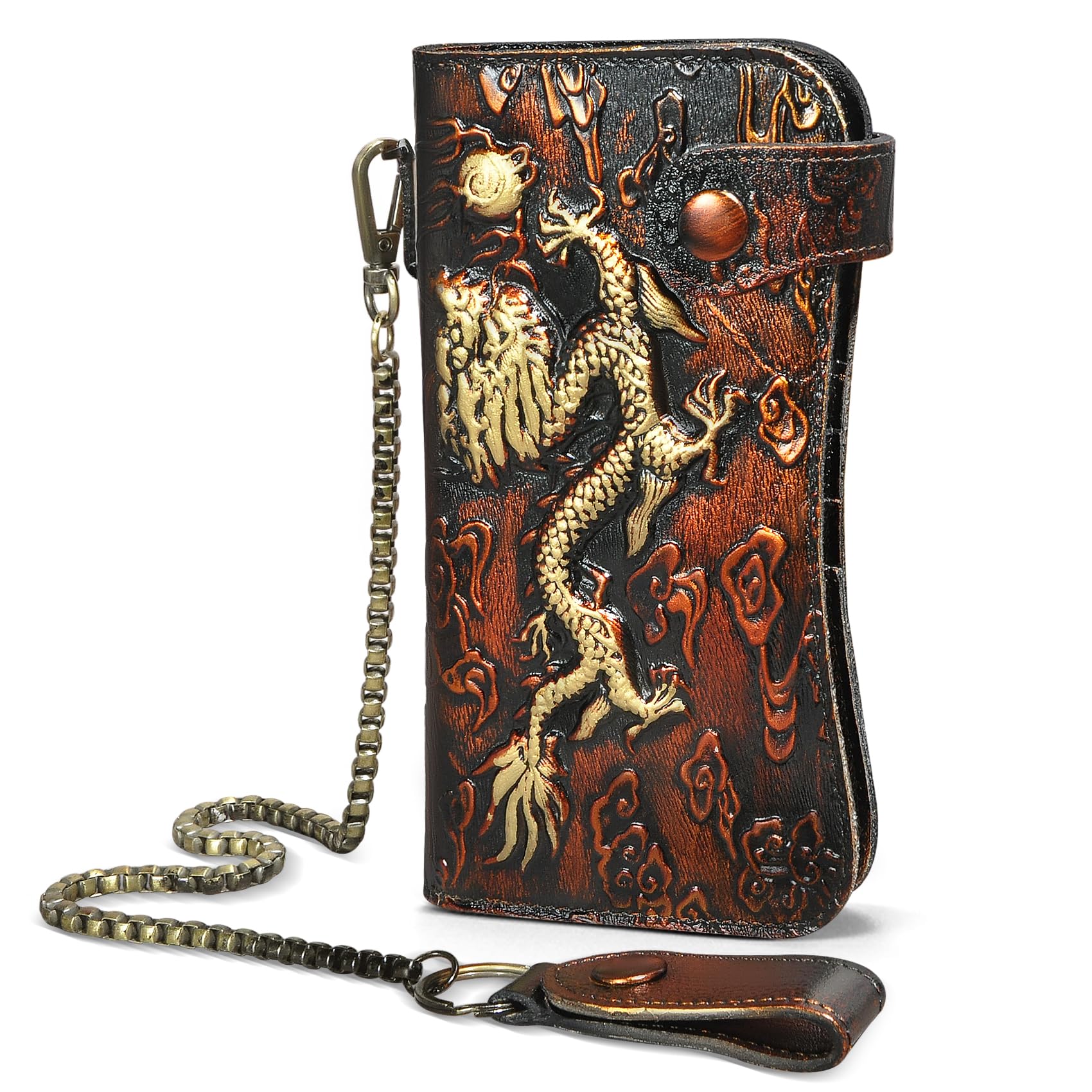 Handadsume Genuine Crazy Horse Leather Travel Gift Coin Pocket Card Case Long Organizer Chain Rfid Wallet Purse With Snap For Men Male 1088 (1088