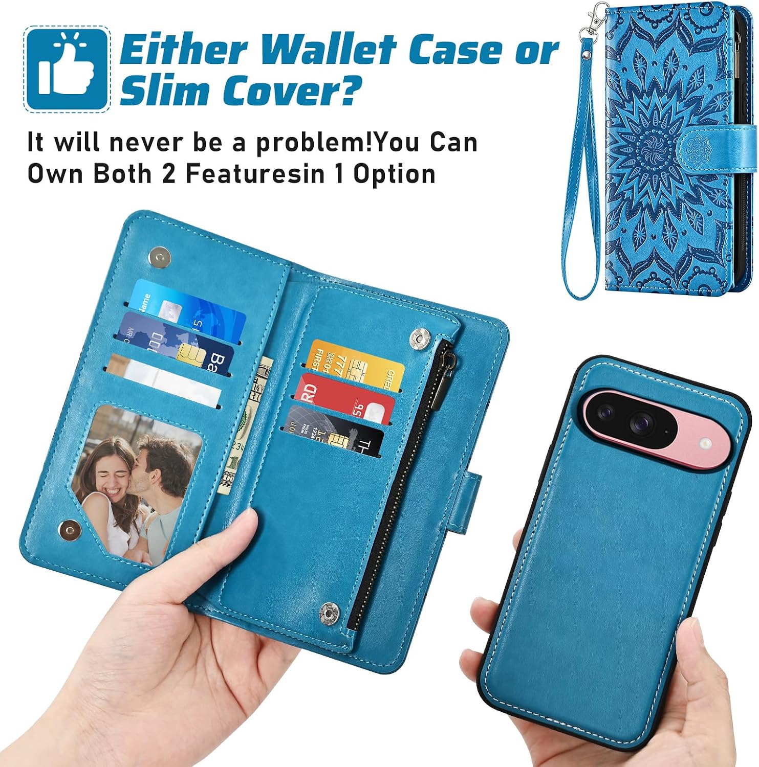 Asuwish Phone Case for Google Pixel 9/9 Pro 5G Zipper Wallet Magnetic Detachable Cover with Screen Protector Crossbody Lanyard Strap Flower Flip Card Holder Slot Pixel9 9Pro Nine Women Men Blue