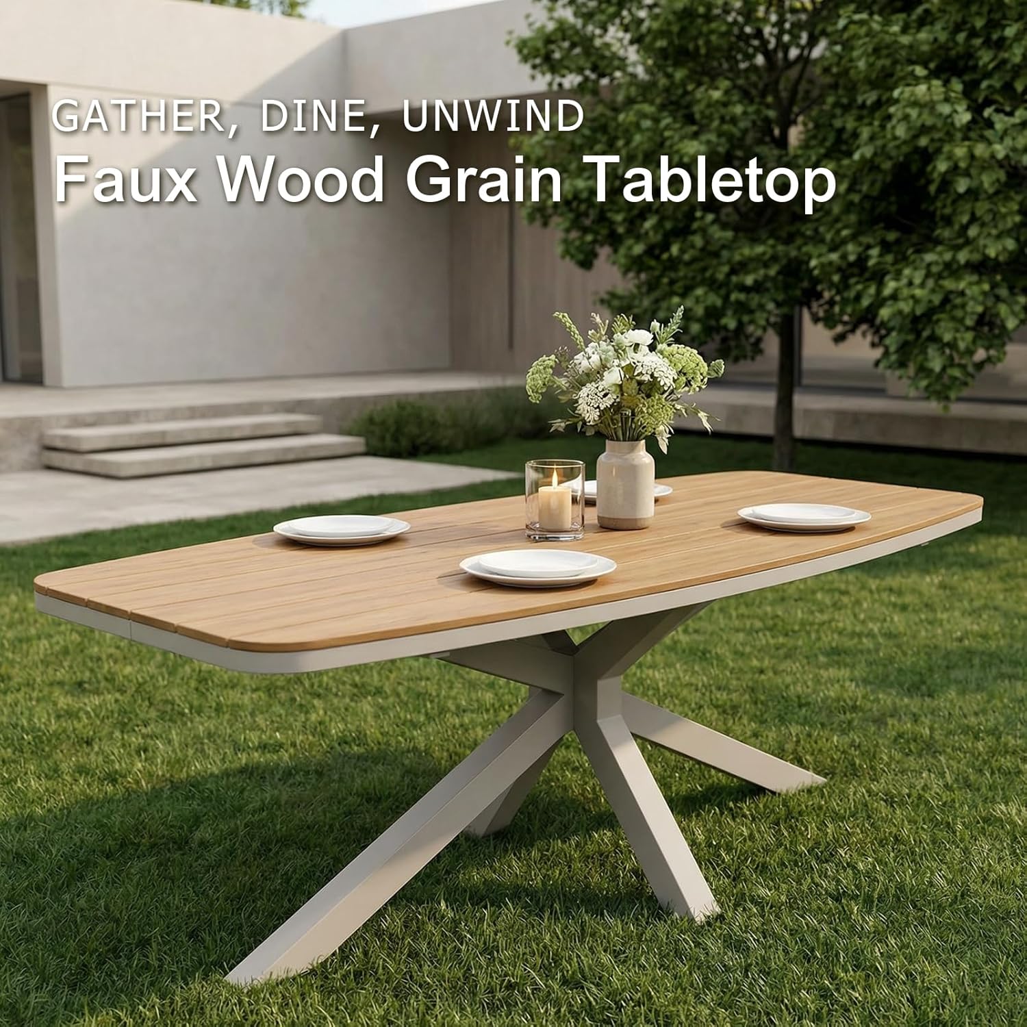 SUNSITT 9 Piece Outdoor Patio Dining Set, Patio Dining Furniture Set with 87” Aluminum Dining Table w/X Base Legs and 8 Woven Wicker Patio Chairs w/WPC Armrests for Garden, Flaxen