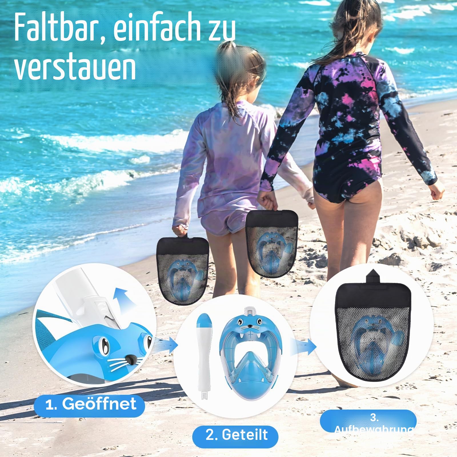 Schnorchelmaske Kinder, Tauchmaske Vollgesichtsmaske mit Schnorchel, CO2 Sichere Tauchmaske, 180° Panoramablick, Mit Ohrstöpseln & Aufbewahrungsbeutel, für Kinder von 4-12 Jahren (XS, Blau)
