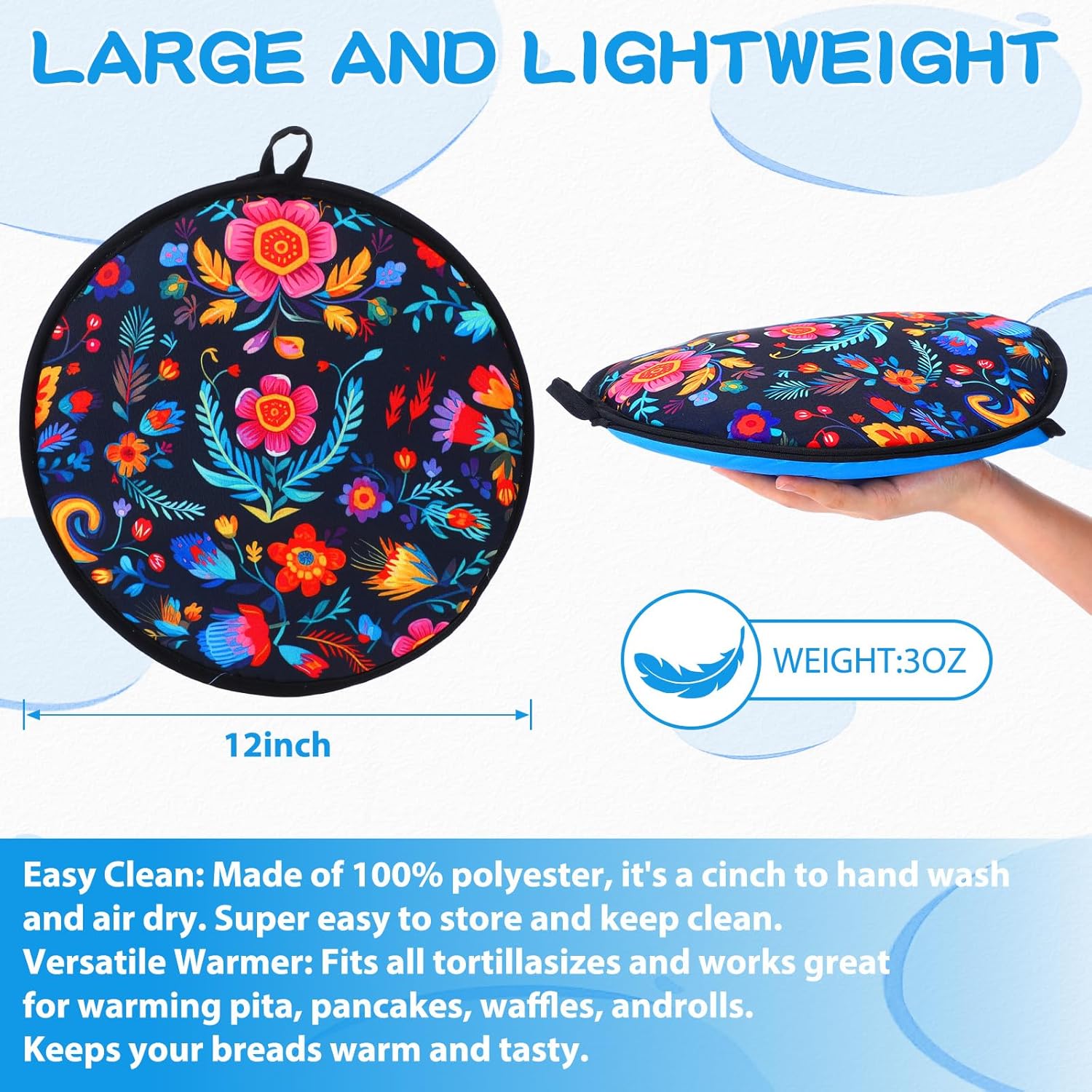 Honeydak 2 Pcs 12 Inch Tortilla Warmer Pouch Microwavable Fabric Insulated Cloth Pouch Tortilla Holder Keeps Warm for Tortillas Tacos Naan and Pizza Rolls(Mexican Flowers) - Image 3