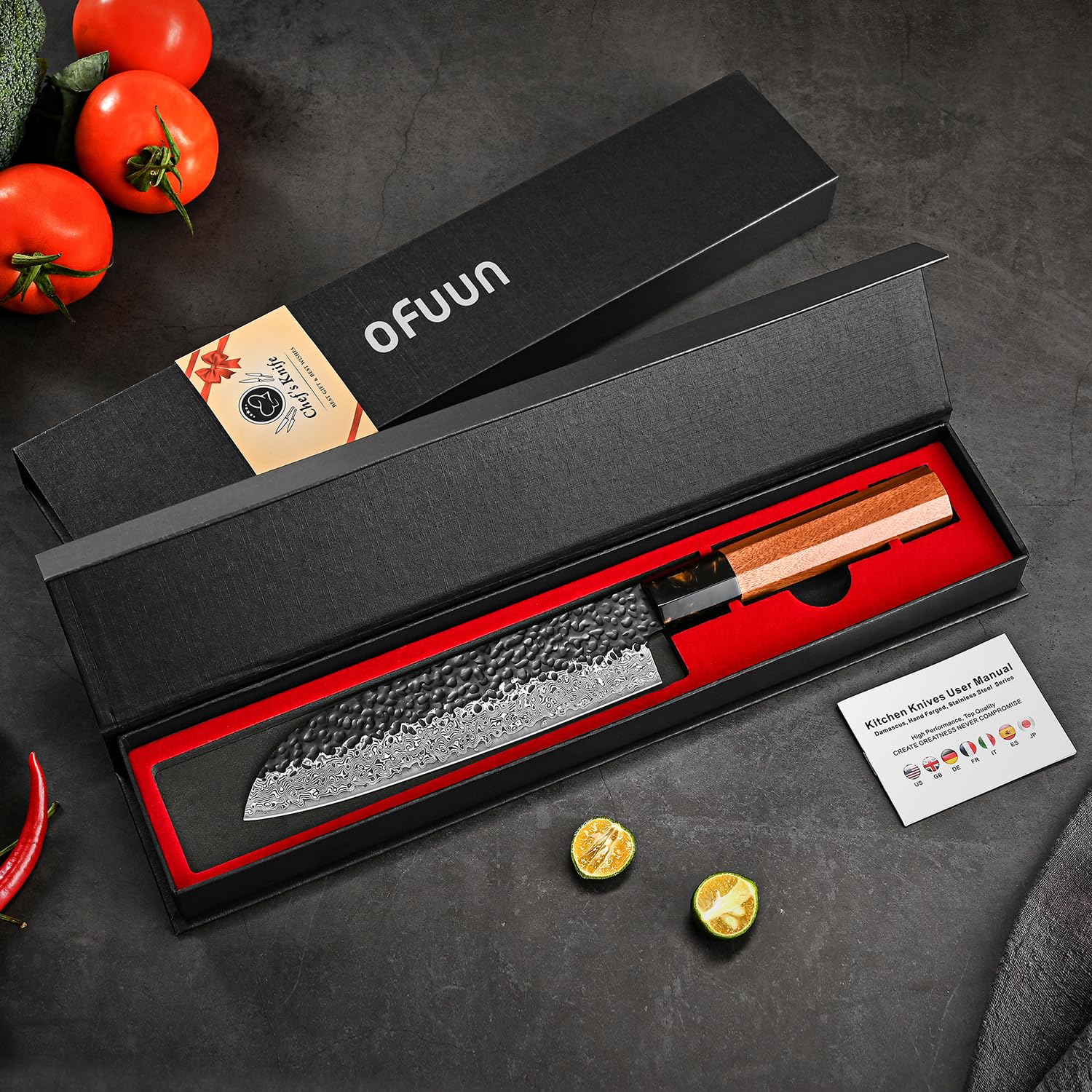 Santoku Japonais Damas 18cm, Couteau de Cuisine Professionnel en Acier VG10 à Haute Teneur en Carbone, Manche en Bois de Rose avec Coffret Cadeau