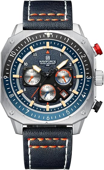 NAVIFORCE Men's Fashion Sport Watches Military Square Big Face Waterproof Chronograph Wristwatch with Luminous Hands,Leather Strap