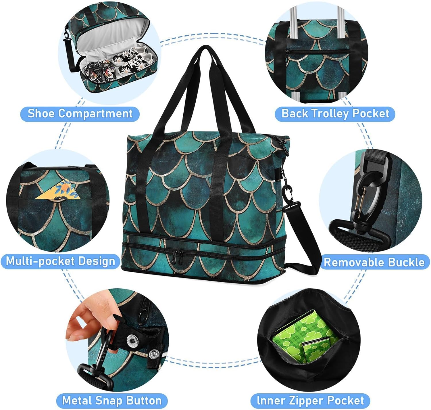 ALAZA Teal Color Mermaid Scale Gym Bag Sports Duffel Bag with Shoes Compartment, Overnight Weekender Travel Tote Bag for Women Men Trip College