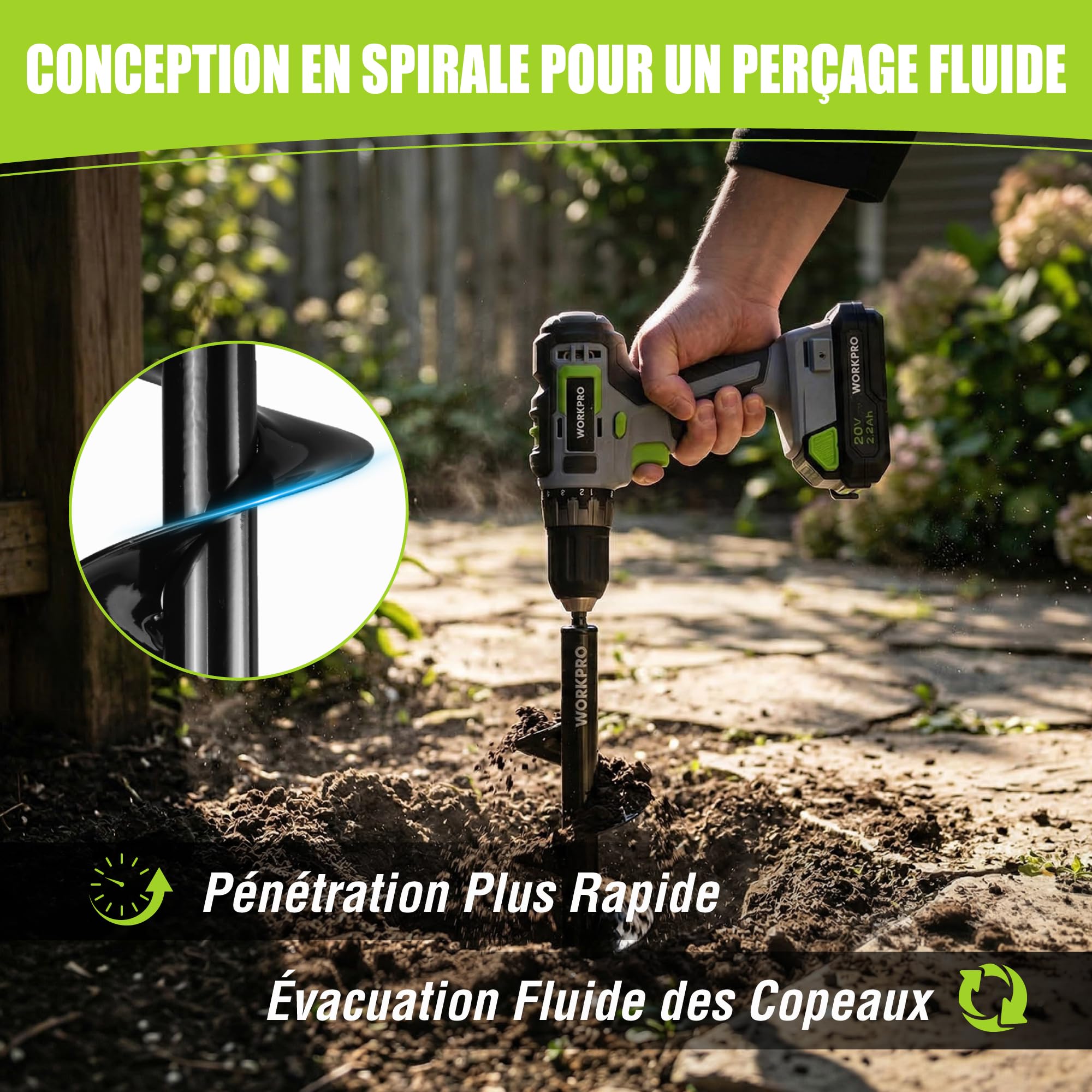 WORKPRO Mèche Jardin Tarière Ø 80 et Ø 40 mm 2 Pièces, Forets de Jardin en Spirale, Outil de Plantation Pratique pour Faire Rapidement Trou et Planter des Fleurs Arbres Arbustes