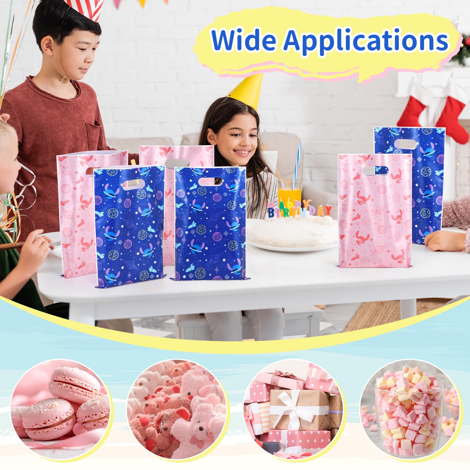 Czlotyh 50 PCS Cartoon Themed Party Favor Bags Plastic Birthday Goodie Bags Blue Pink Candy Bags for Holiday Birthday Party Gift Giving Decorations