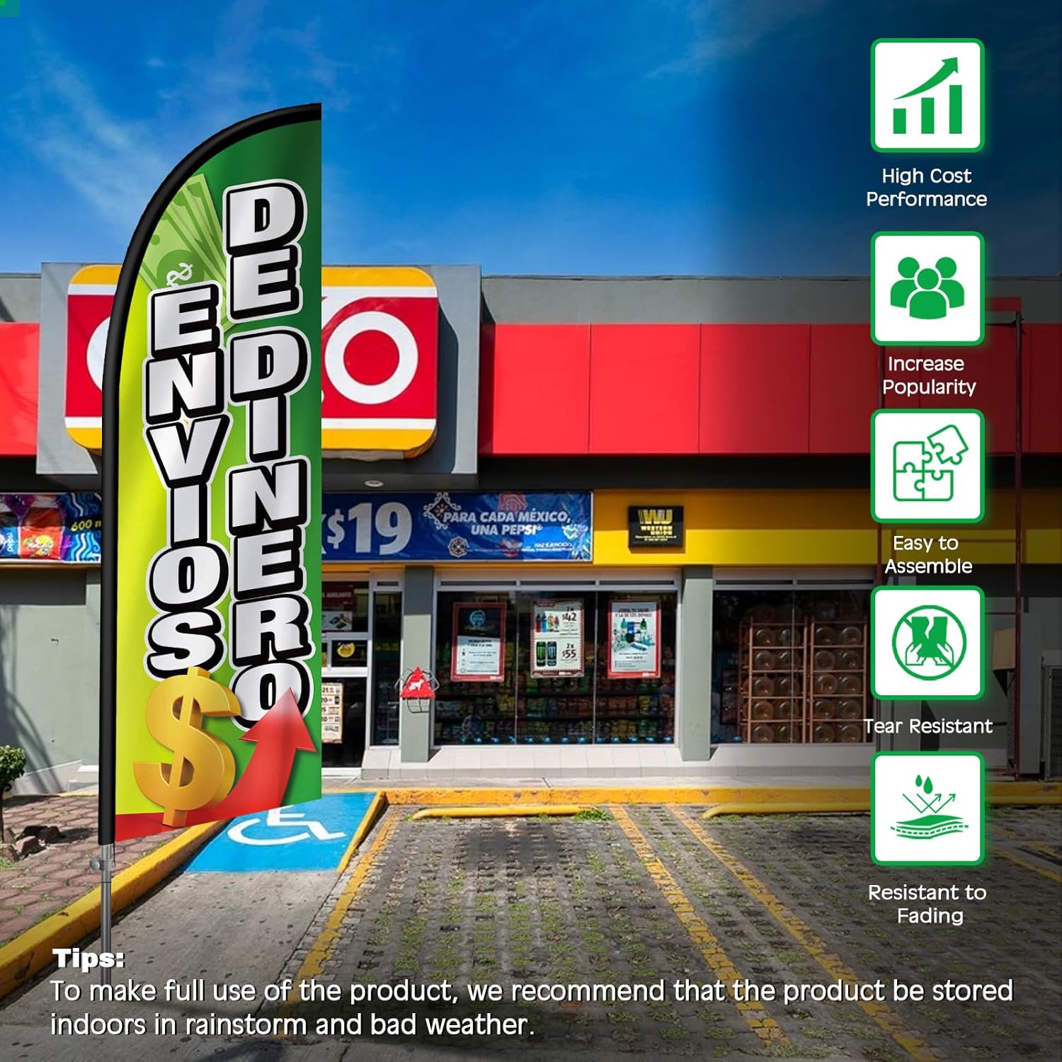 Envios De Dinero Flag for Business, Envios De Dinero Signs, 8FT Polyester Advertising Swooper Flag with Aluminium Alloy Flag Pole Kit, Stainless Steel, Ground Spike, Portable Bag