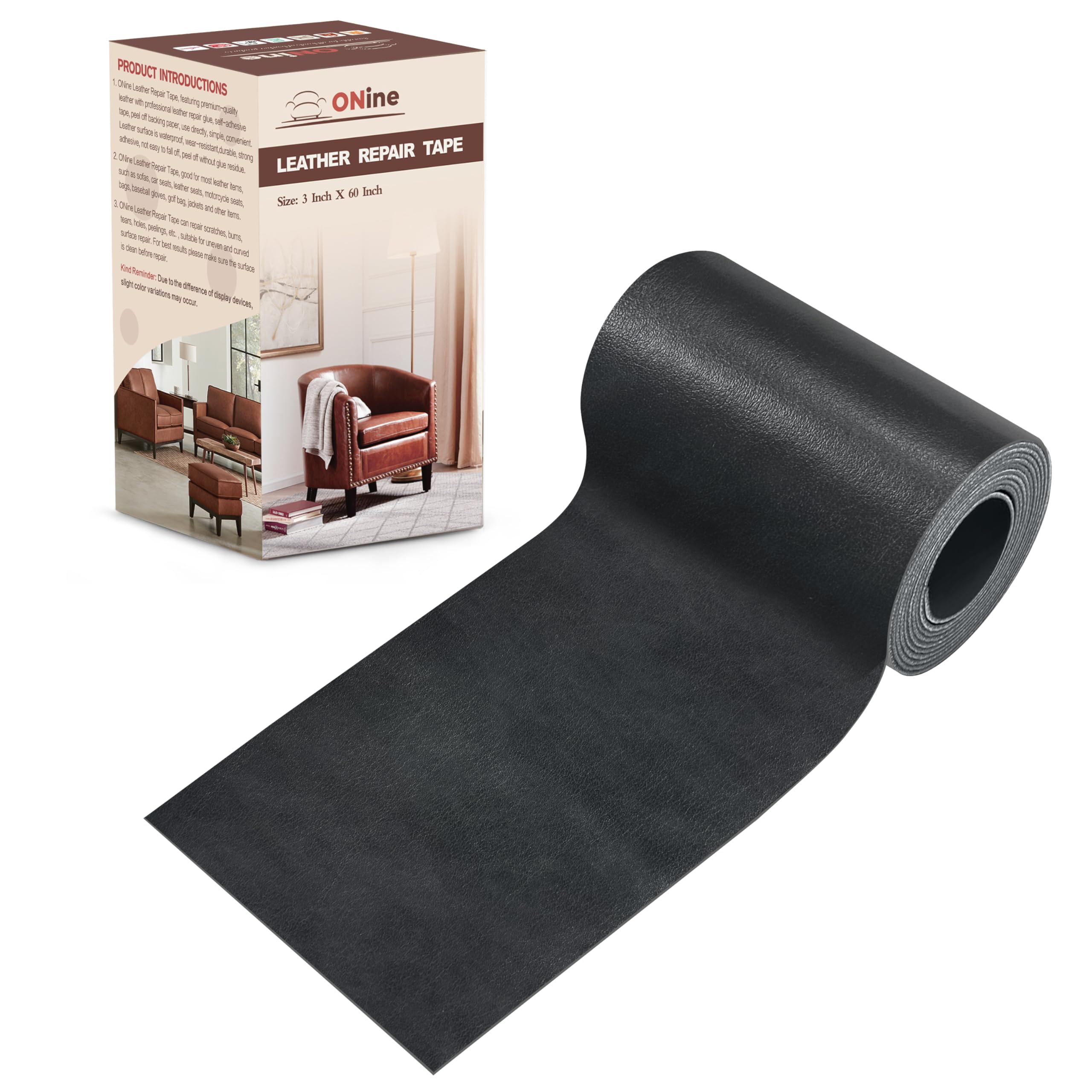 ONine Leather Repair Patch，Leather Repair Tape, 3 x 60 inches Leather Repair Patch for Furniture,Vinyl Repair Kit，Leather Couch Patch，for Sofas, Furniture, Car Seats, Office Chairs(Dark Grey)