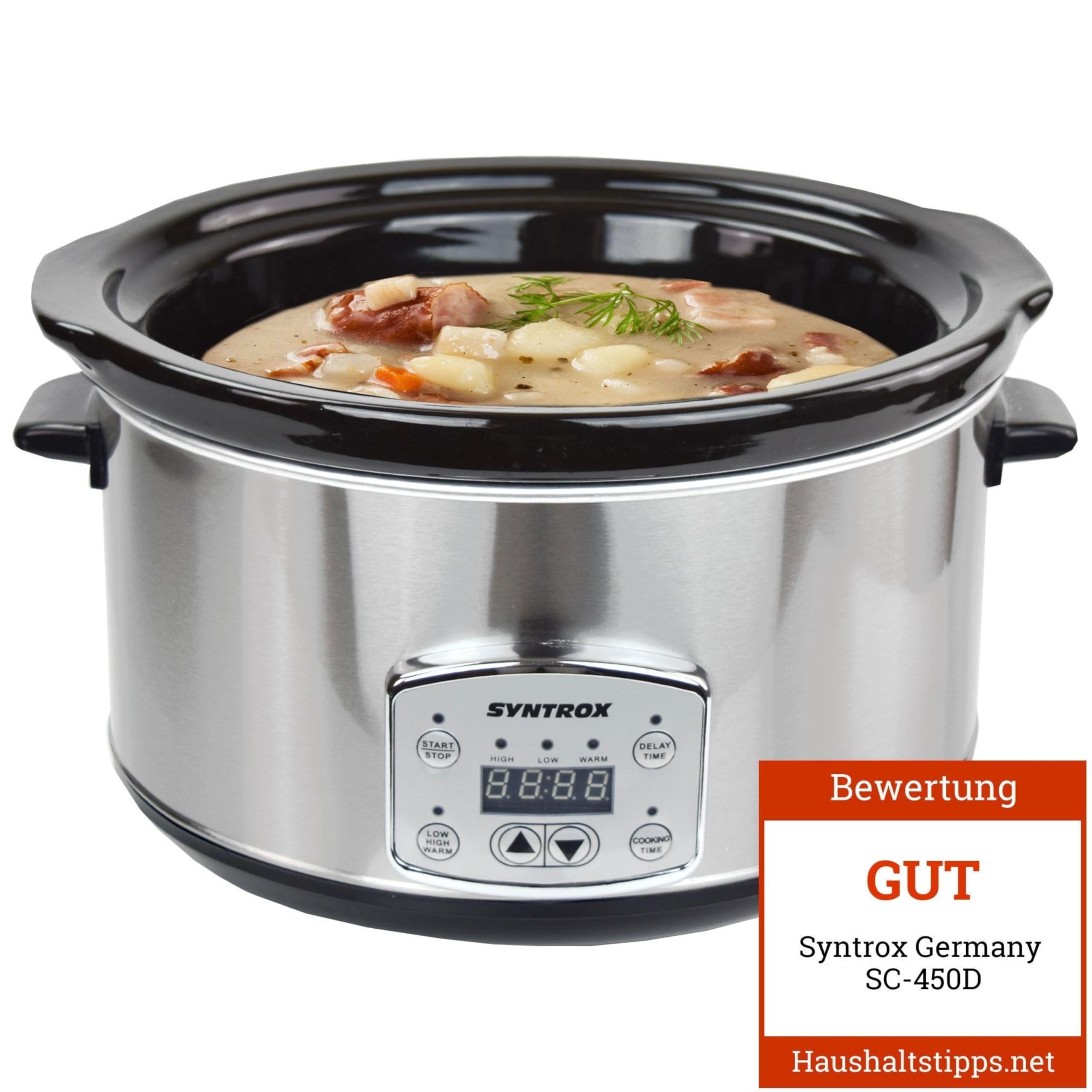 Syntrox Germany 4,5 l Slow Cooker | Schmortopf | Schongarer | Multikocher Annot, digitale Küchenuhr, Schonendes Langsamgaren, Edelstahl, Mikrowellengeeignet, Eintopfgerät