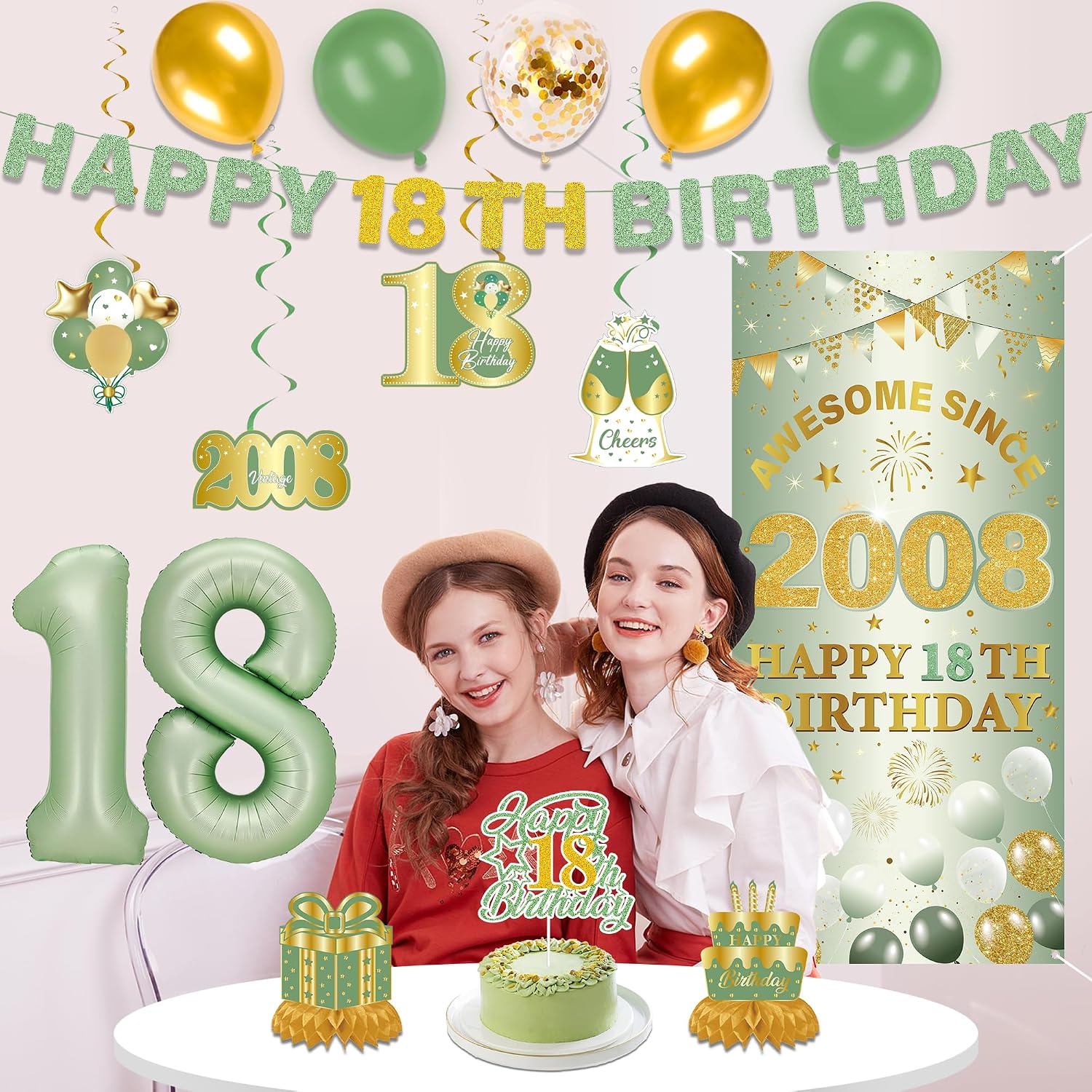 18th Birthday Decorations Girls Banner - 15 Pcs Sage Green Awesome Since 2008 Backdrop Cloth Number Balloon Hanging Swirls Cake Topper Honeycomb Party Supplies for Boys 18 Year Old Decor Gifts image 5