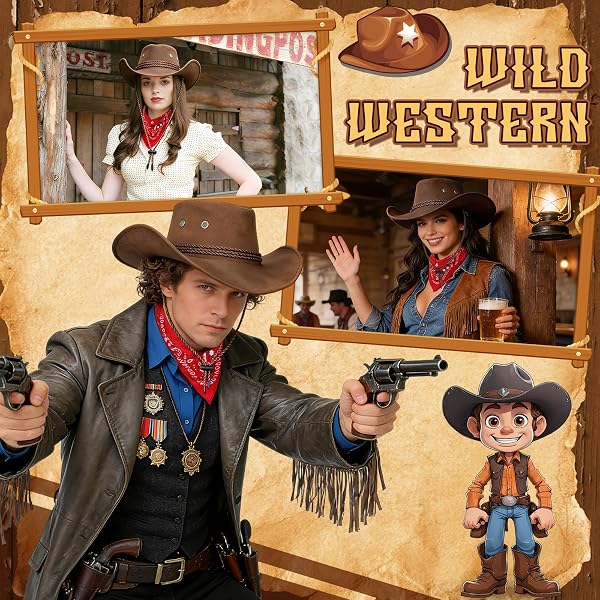 Set di 2 cappelli da cowboy e bandana, per costume da cowboy occidentale, con cappello da cowboy, bandana, per uomo e donna, Carnevale, Halloween, festa a tema, cosplay - 2