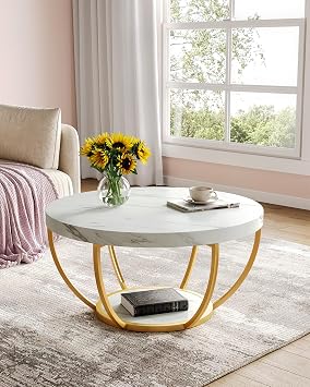 LITTLE TREE Round Coffee Table, 32 Circle Faux Marble Coffee Tables for Living Room, 2-Tier Golden Metal Legs Accent Center Table with Open Storage Modern Design Home Furniture (White and Gold)