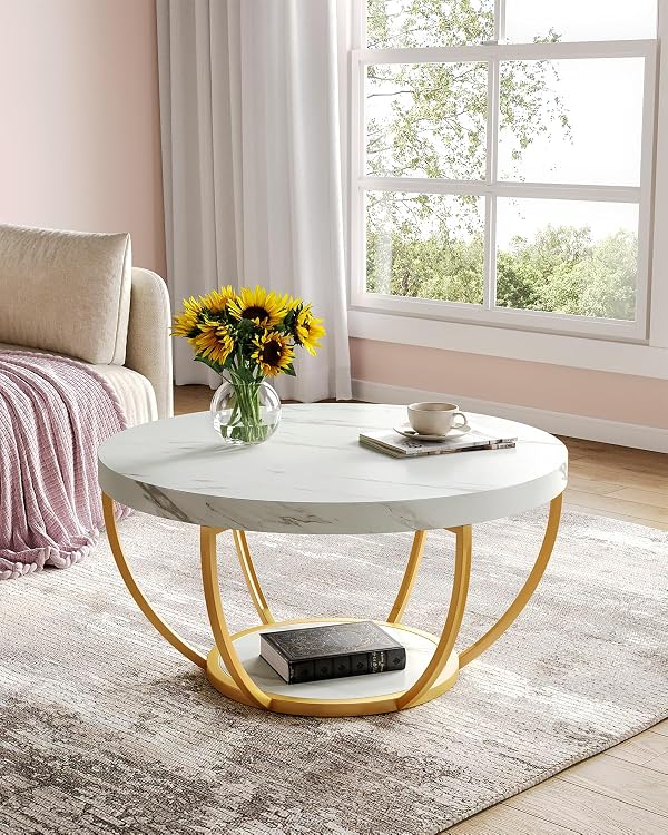 LITTLE TREE Round Coffee Table, 32" Circle Faux Marble Coffee Tables for Living Room, 2-Tier Golden Metal Legs Accent Center Table with Open Storage Modern Design Home Furniture (White and Gold) by LITTLE TREE - Image 2