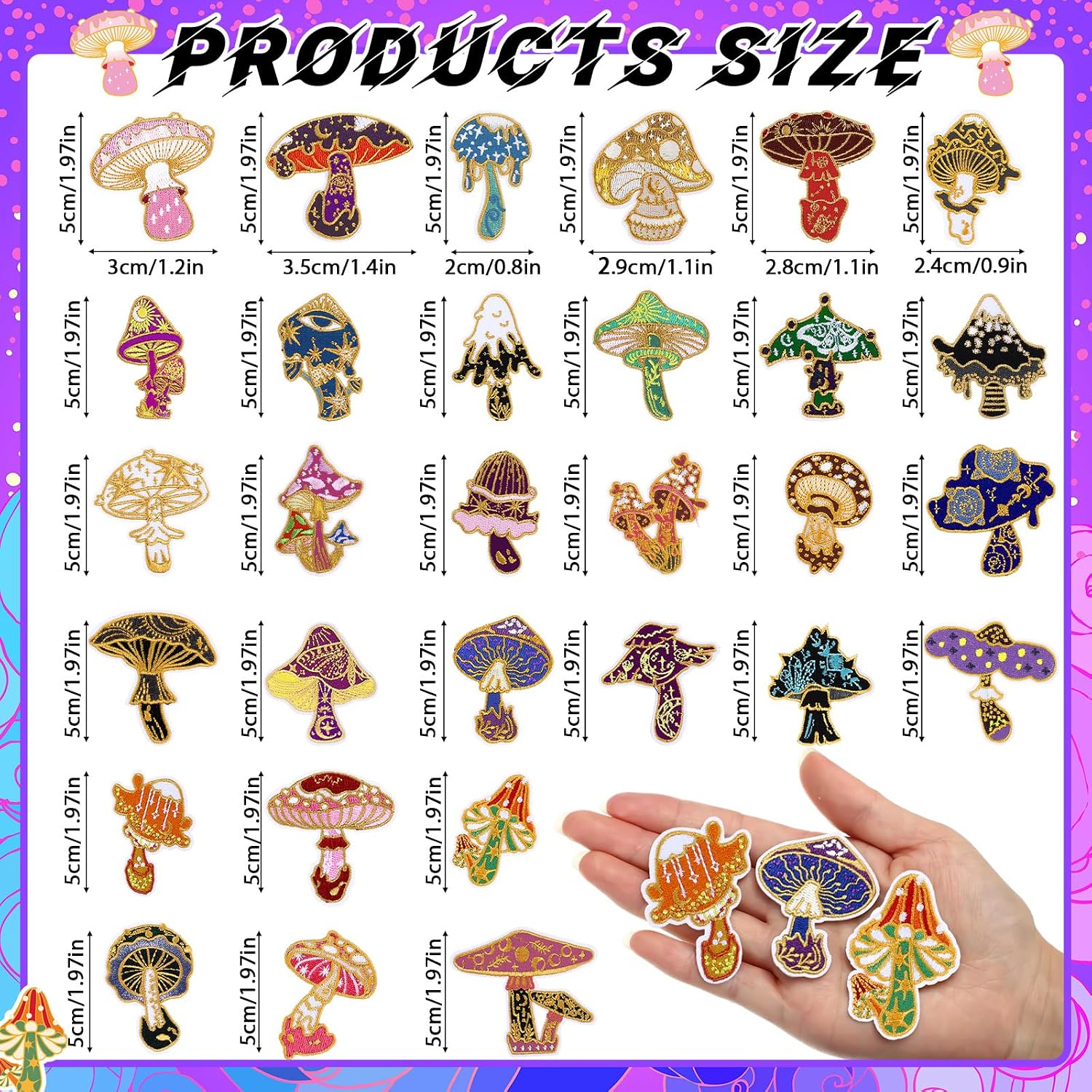 Thiccywoov 60 Pcs Mushroom Iron on Patches Mini Embroidered Sew on Applique Patches for Clothes DIY Decorative Gift Jackets Jeans Backpacks Hats Dress Pants Shoes Craft