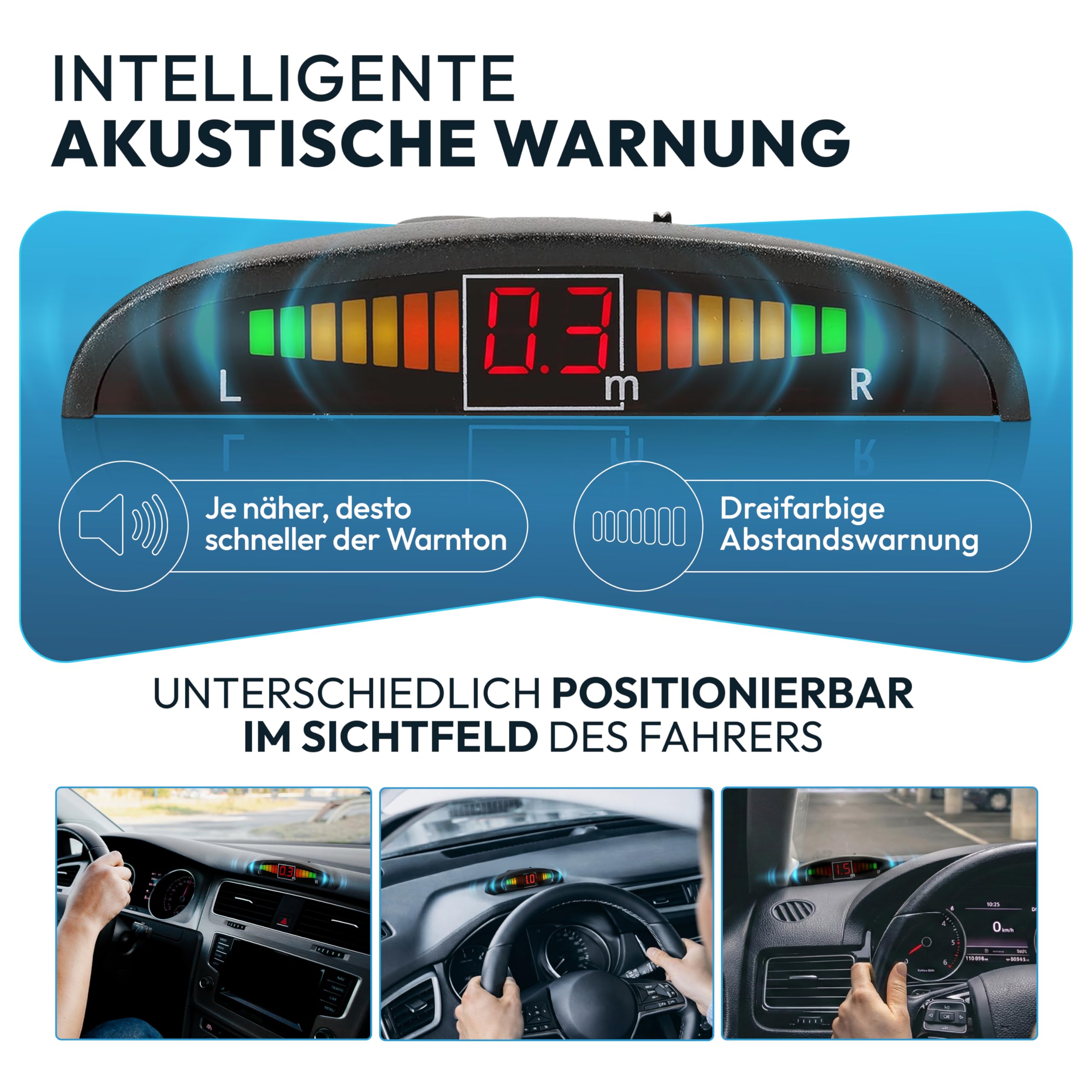 VSG24 Einparkhilfe Set hinten mit Display und 4 Sensoren – robuste PDC Parkhilfe für Auto, SUV & Transporter – optischer & akustischer Rückfahrwarner, 30–150 cm Reichweite – 12V Nachrüstsystem