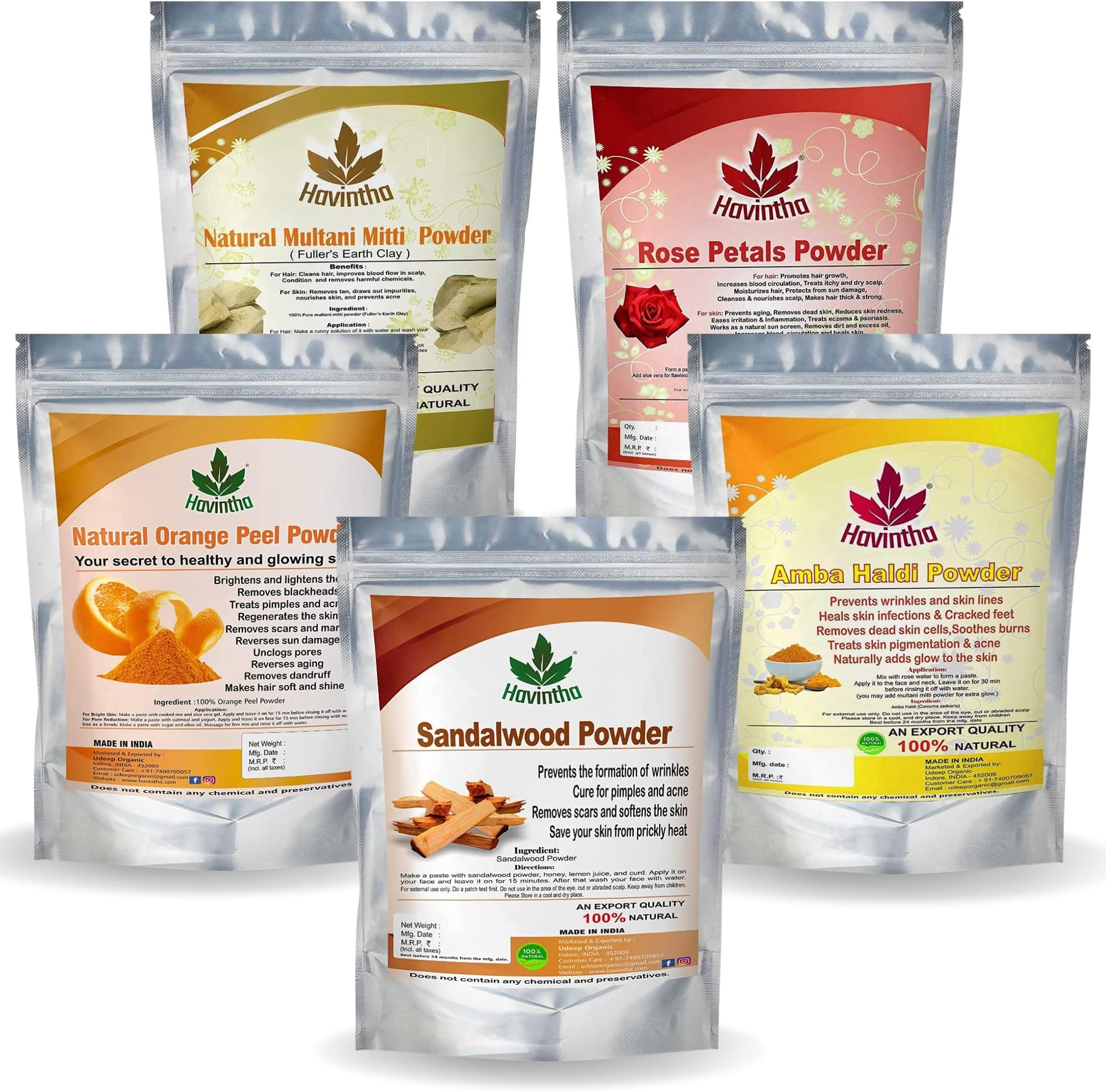 Havintha Natural Face Pack for Healthy and Glowing Skin Combo Pack of Multani Mitti, Sandal Wood, Orange Peel, Rose Petal, Amba Haldi Powder (Each 50gm)
