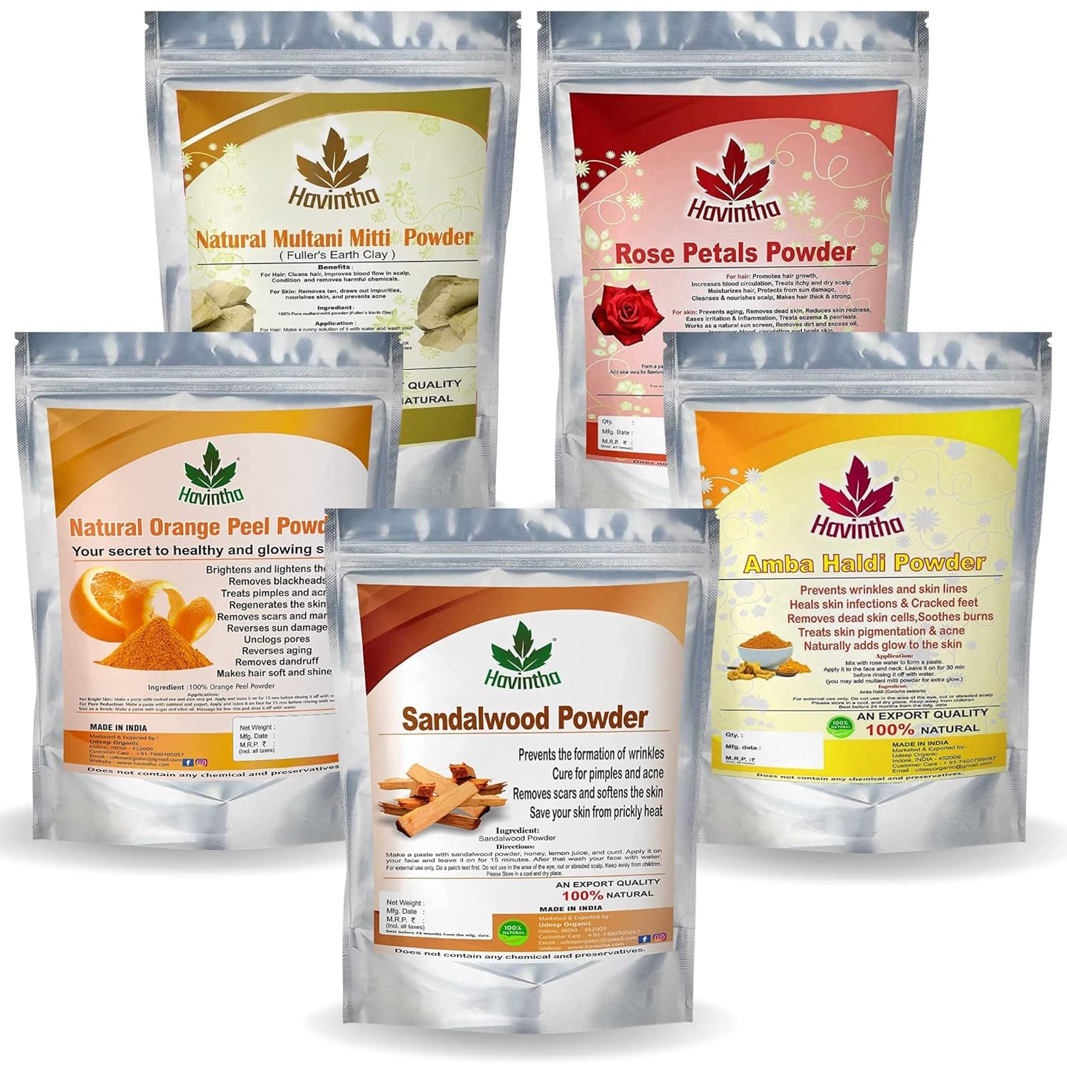 Havintha Natural Face Pack for Healthy and Glowing Skin Combo Pack of Multani Mitti, Sandal Wood, Orange Peel, Rose Petal, Amba Haldi Powder (Each 50gm)