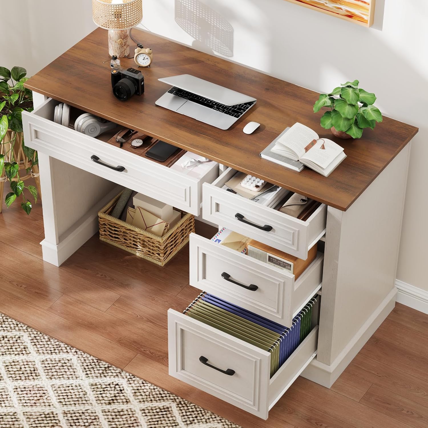 Vabches Farmhouse 47" Executive Desk with File Drawer, Computer Desk with 4 Drawers, Workstation for Study, Home Office, Writing, (Unique White)