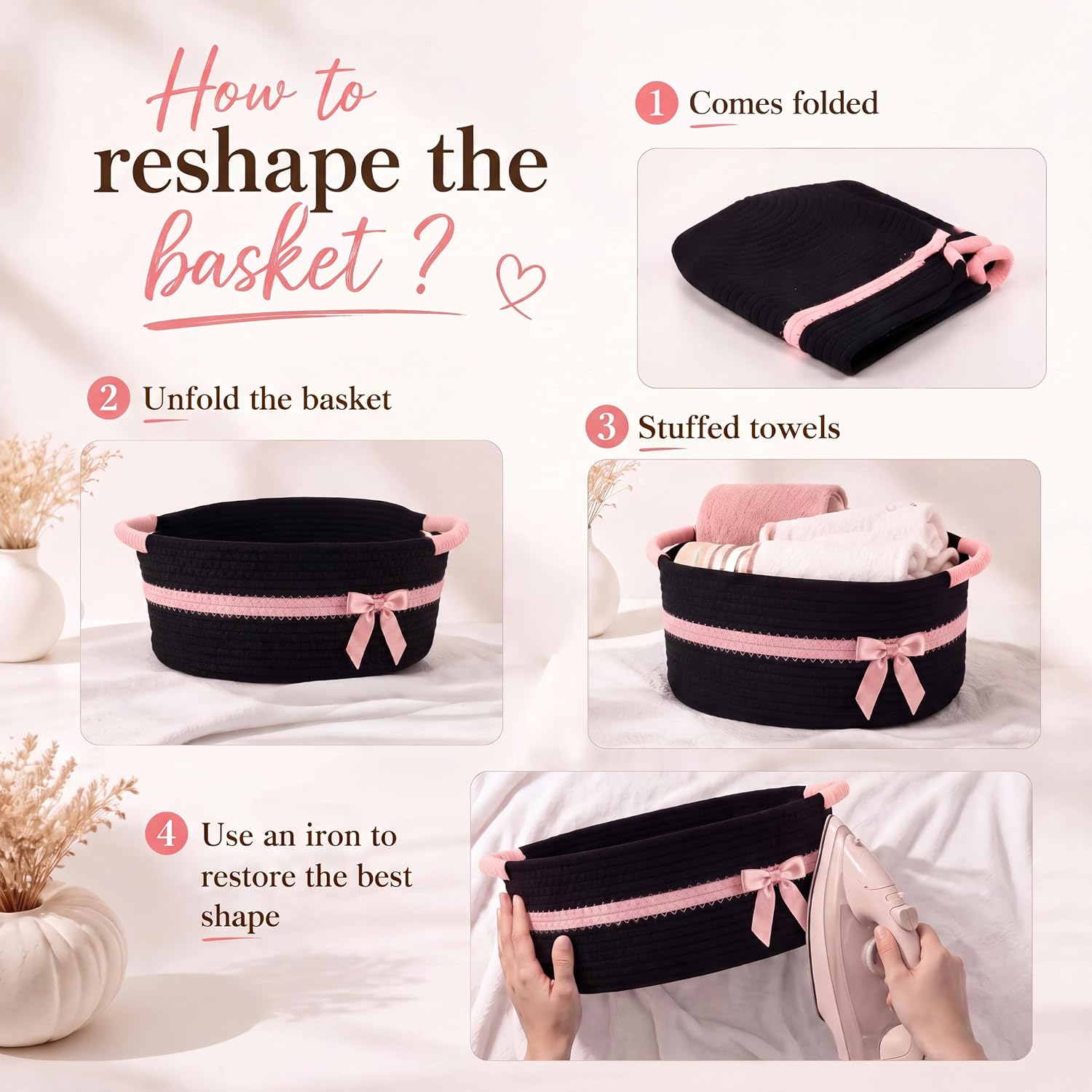 Colingmill 1 Pc Empty Gift Basket with Handles, Bow Wrap,Black,Pink