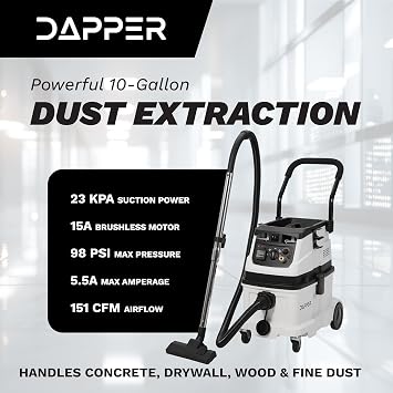 Dapper Supply Wet/Dry Dust Extractor/Vacuum with Auto HEPA Filter, 10 Gallon, Tool Auto-Start, Air Tool Connector, Ideal for Drywall, Jobsite Dust Collection, and General Cleanup