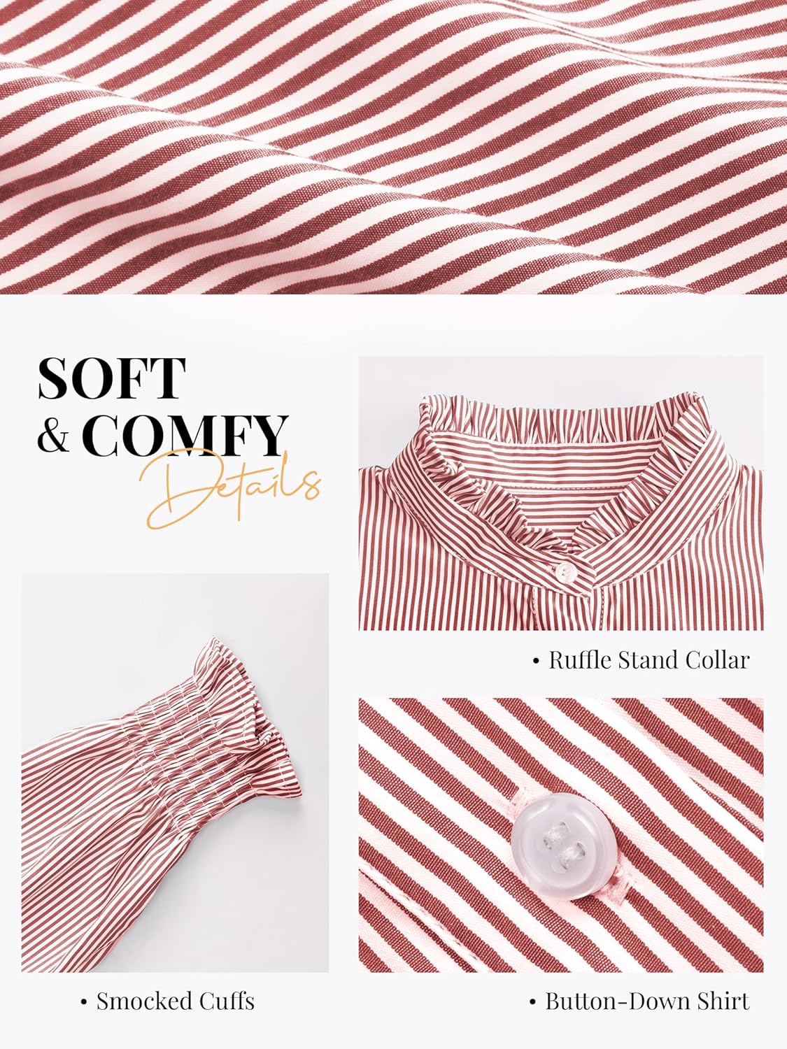 Funlingo Women's Striped Button Down Shirts Long Sleeve Smocked Cuffed Ruffle Collar Blouses Spring Work Business Casual Tops - Image 5