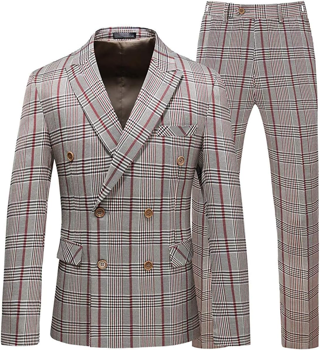 Sxfashbrd Men's Plaid Blazer Jacket Slim Fit 3 Piece Double Breasted Suit Jacket Regular Classic Men Tuxedo for Wedding