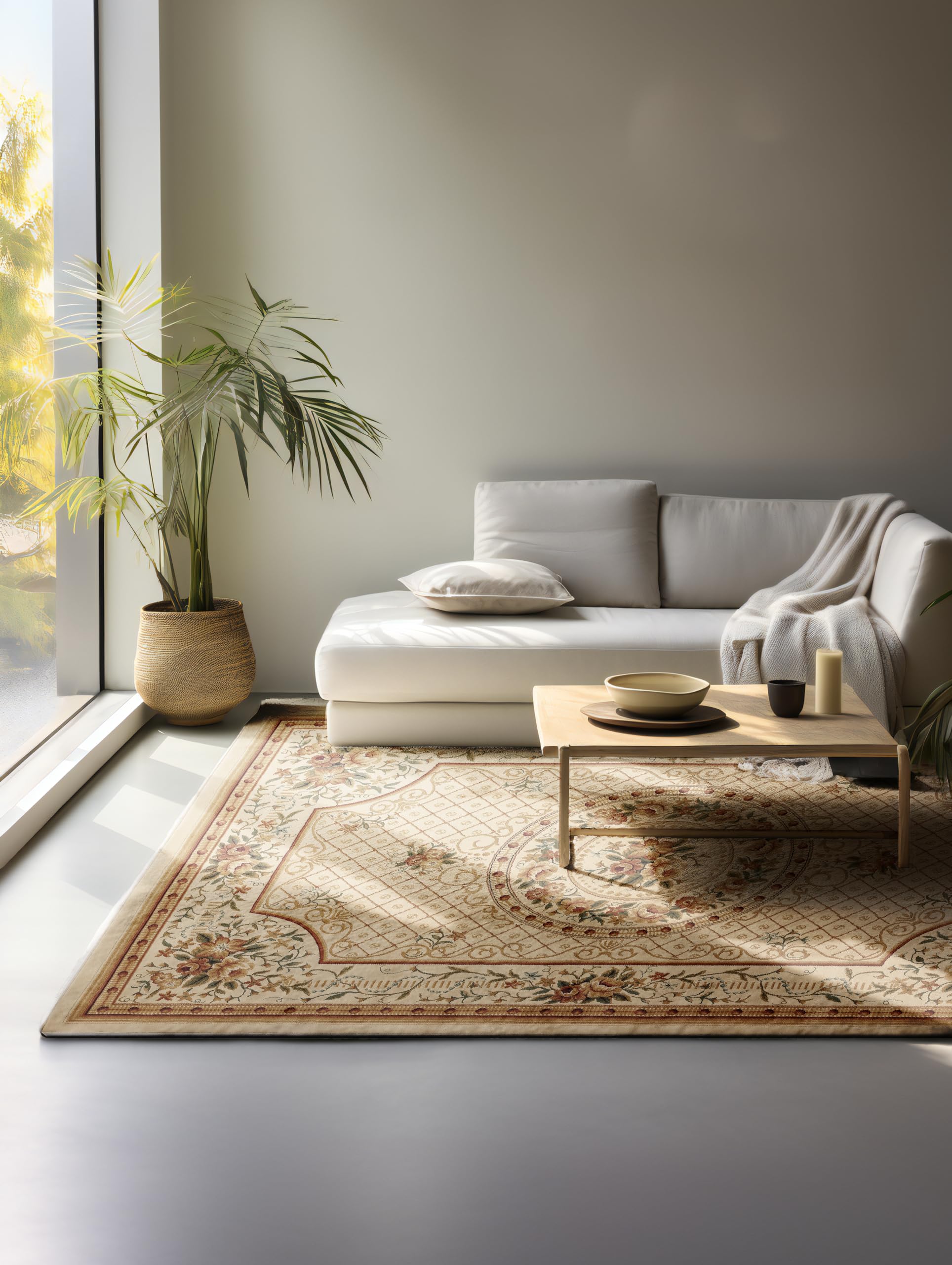 Tapis oriental crème tissé serré haut de gamme pour l'élégance de votre salon