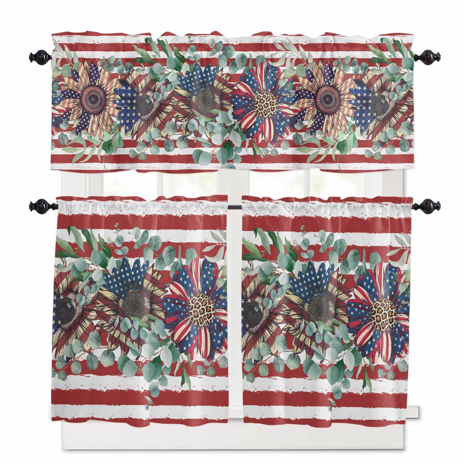 4th of July Kitchen Curtains 36 Inch Length,3 Piece Rod Pocket Small Half Tiers and Valance Set,Red Striped Independence Day Star Botanical Small Large Window Treatment Decor for Bedroom/Bathroom