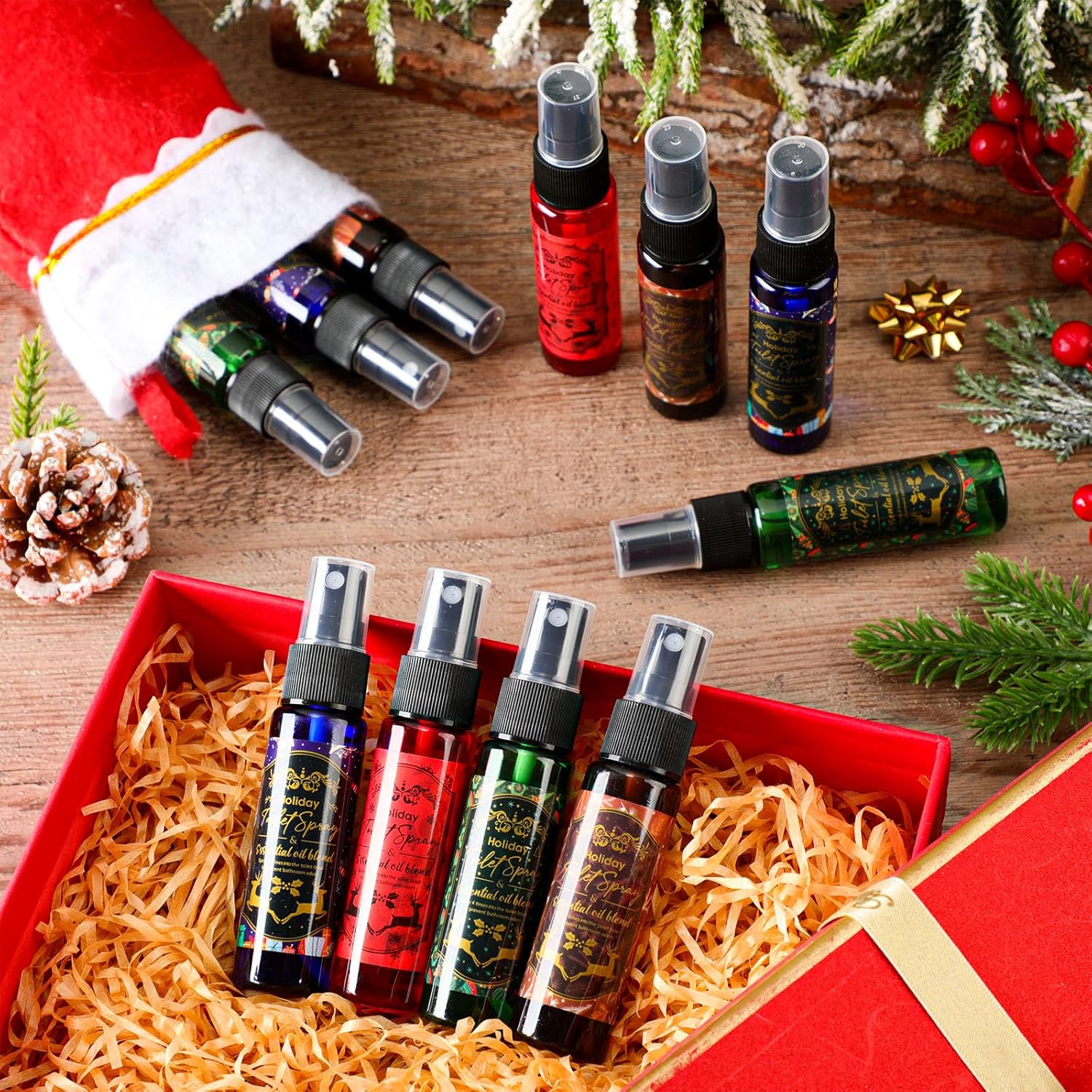 Reallnaive 24 Pcs Christmas Toilet Spray Poop Spray for Toilet Flush 1 oz Mini Size Pocket Bathroom Deodorizer Xmas Travel Essentials Christmas Stocking Stuffers Gifts for Men Women, 4 Scents