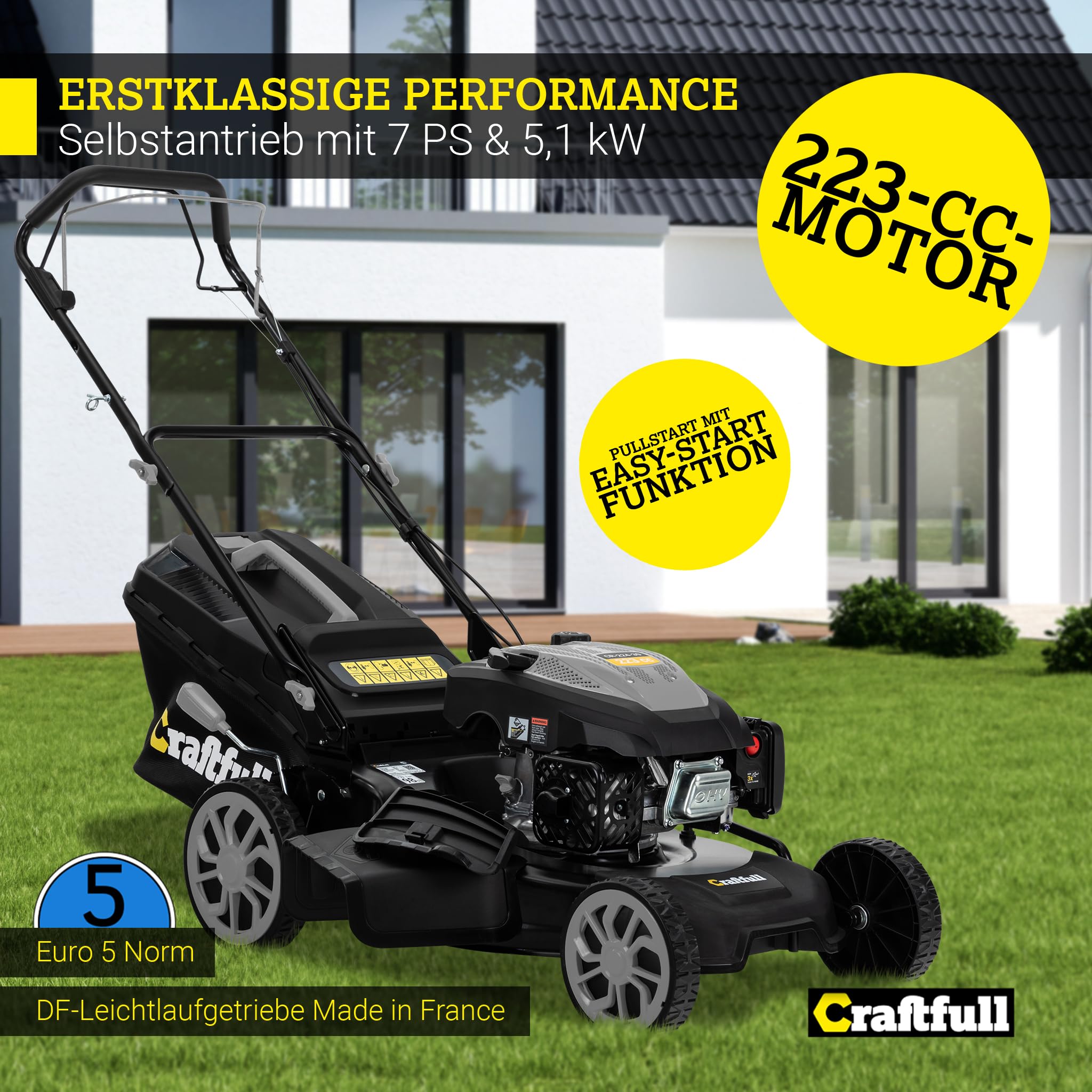Craftfull Benzin Rasenmäher CR-224-30 | 5,1 KW 7 PS | 223 cm³ OHV Motor | Benzinrasenmäher - Mäher - Selbstfahrantrieb - 53 cm Schnittbreite in 7 Höhenstufen (CR-224-30 5,1 KW 7 PS 223 cm³ Motor Grau)