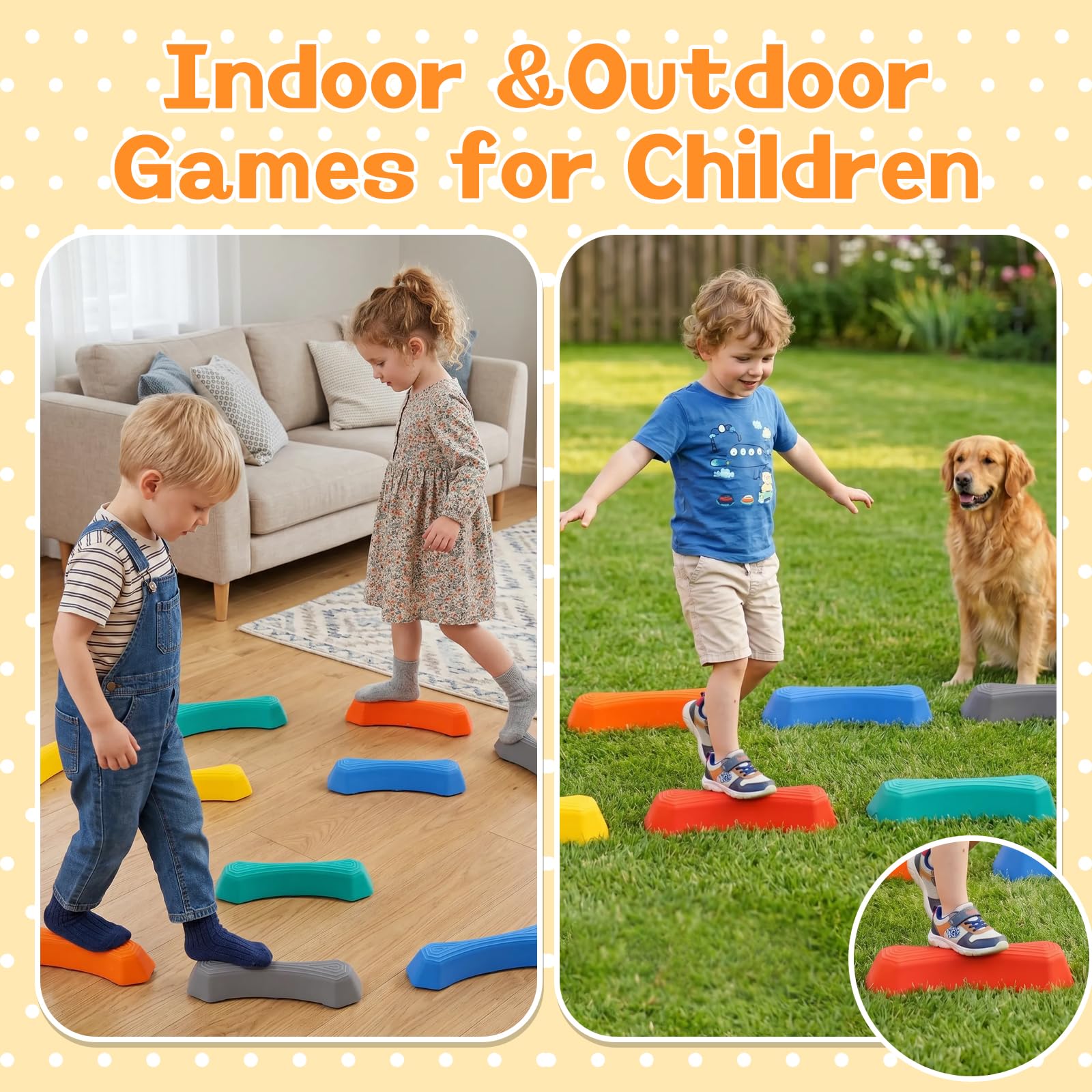 Balancierbalken Set Kinder, 12 Bunte Balanciersteine Modular Schwebebalken, Rutschfest Balance Board zur Förderung von Motorik & Koordination, Platzsparend Stapelbar, Indoor Outdoor Spielzeug
