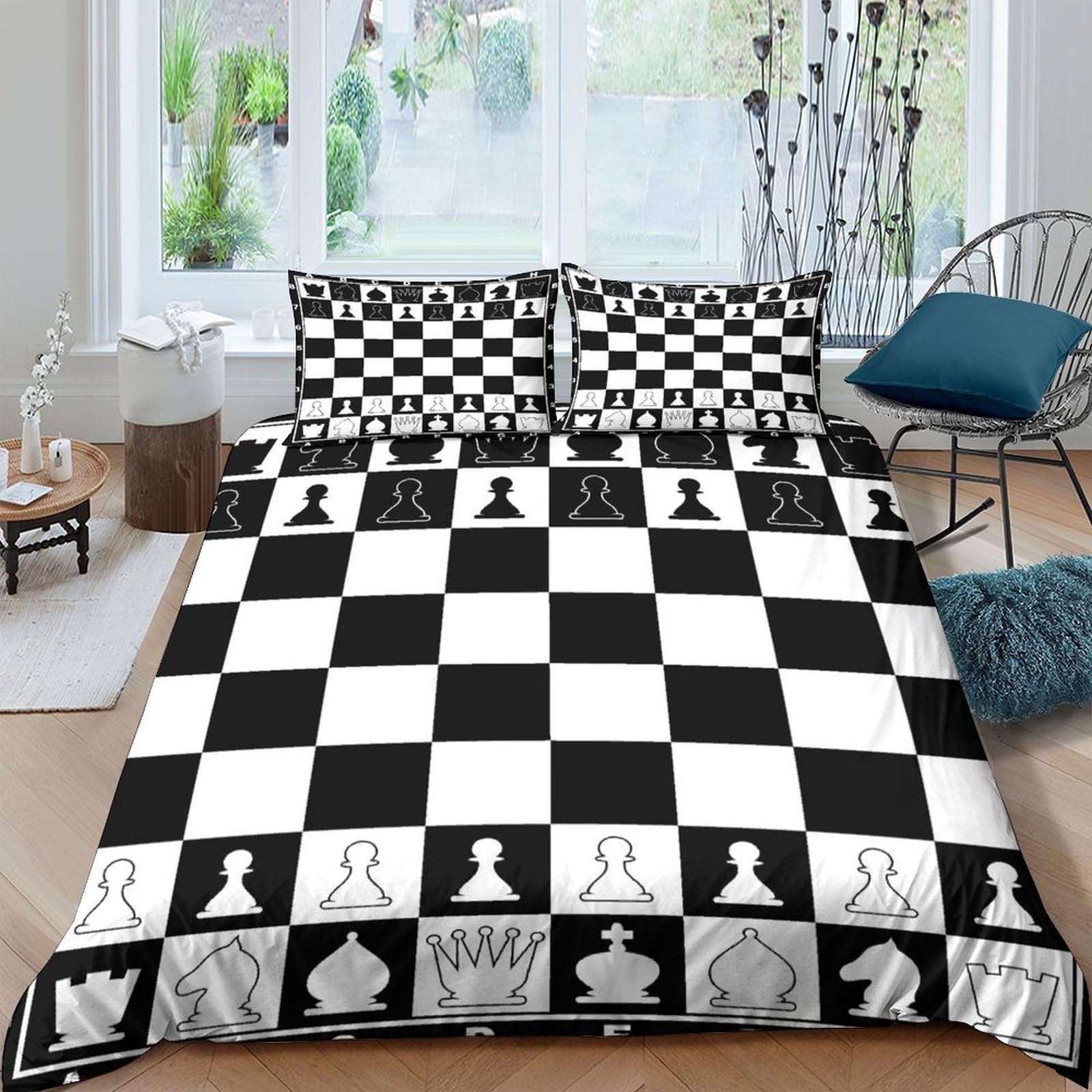 Ctjqhvkz Style-1 3D Printed Chessboard Fitted Sheet Microfiber Soft Black White Chess Pieces Bed Cover For Bedroom Guest Room Decor Single（135X200cm）