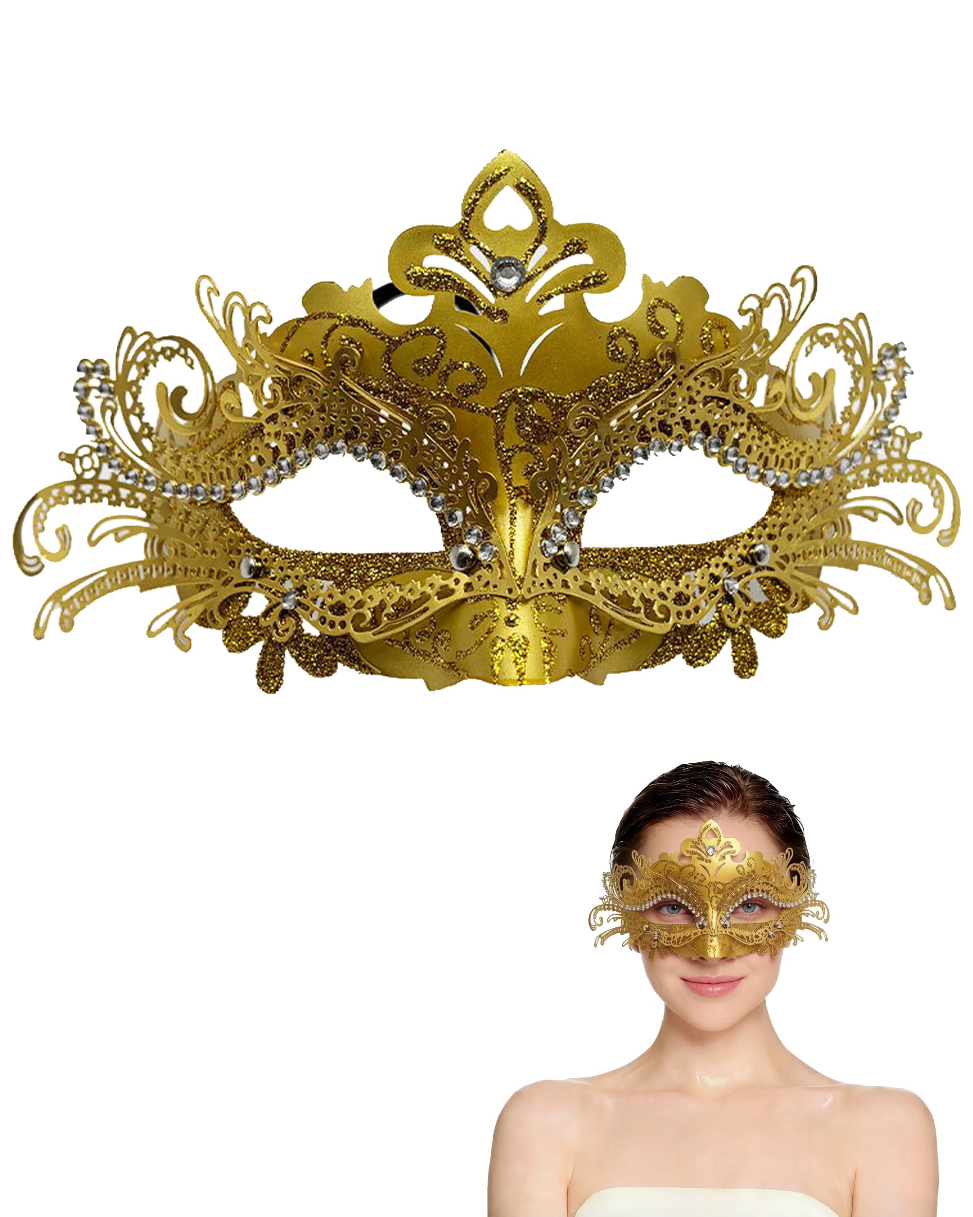 HeHeGe Masquerade Mask for Women Metal Shiny Rhinestone Venetian Mask Prom Mardi Gras Ball Wedding & Halloween Party (gold)