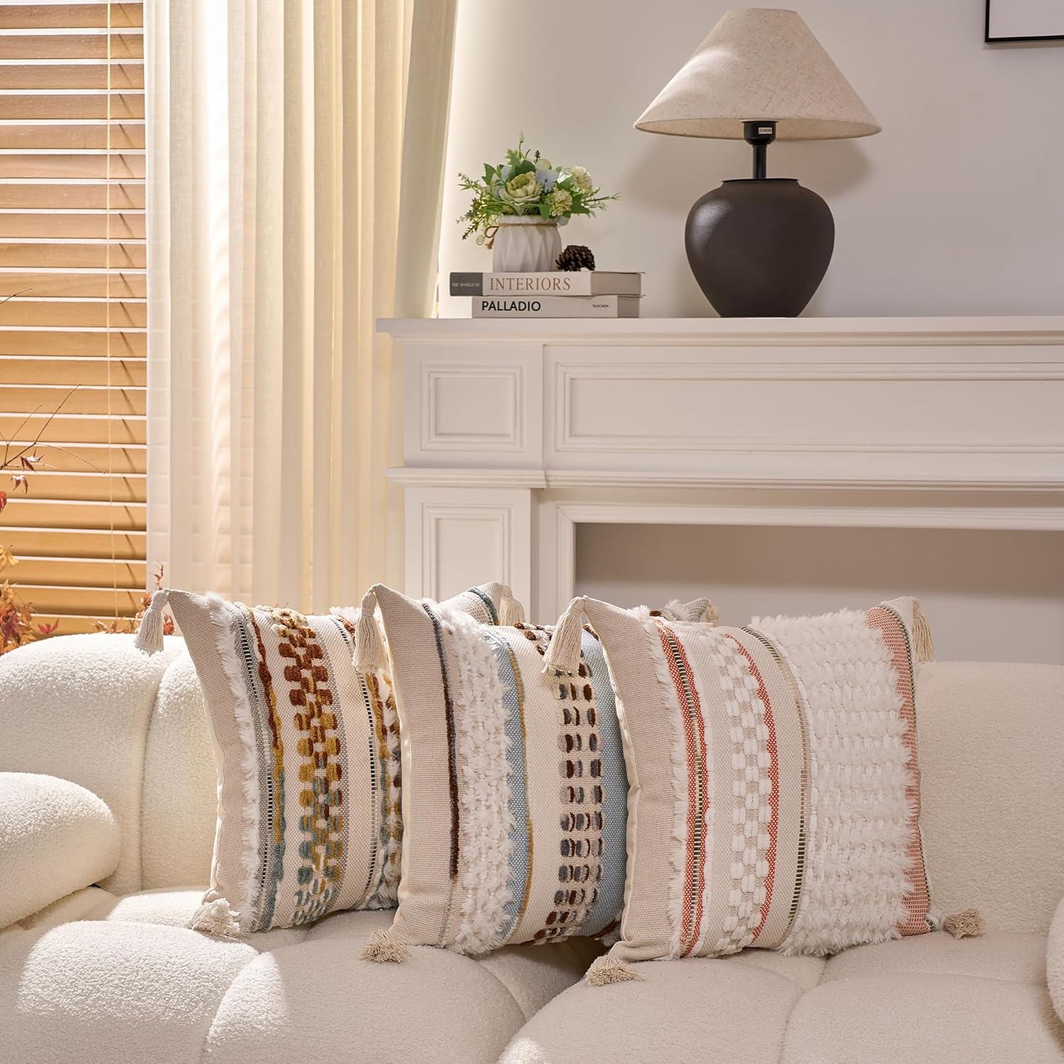 Boho Throw Pillow Covers 18x18 in Chenille Striped Textured Pillow Cover Farmhouse Decoration Striped Square Tassels Woven Pillowcase for Couch Bed Sofa Bedroom Living Room,Brown(Pack of 1) - Image 4