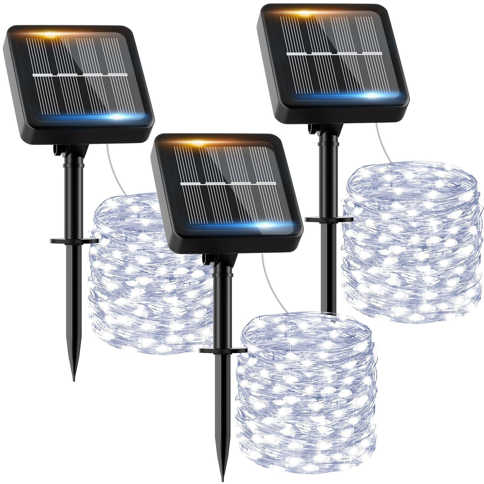 Guirnalda Luces Exterior Solar - 3 x 12M 120 LED Guirnaldas Luces Solares Exterior Blanco Frío IP65 Impermeable 8 Modos Luces Solares LED Exterior Interior Jardin Terraza Bodas Fiestas Festivales