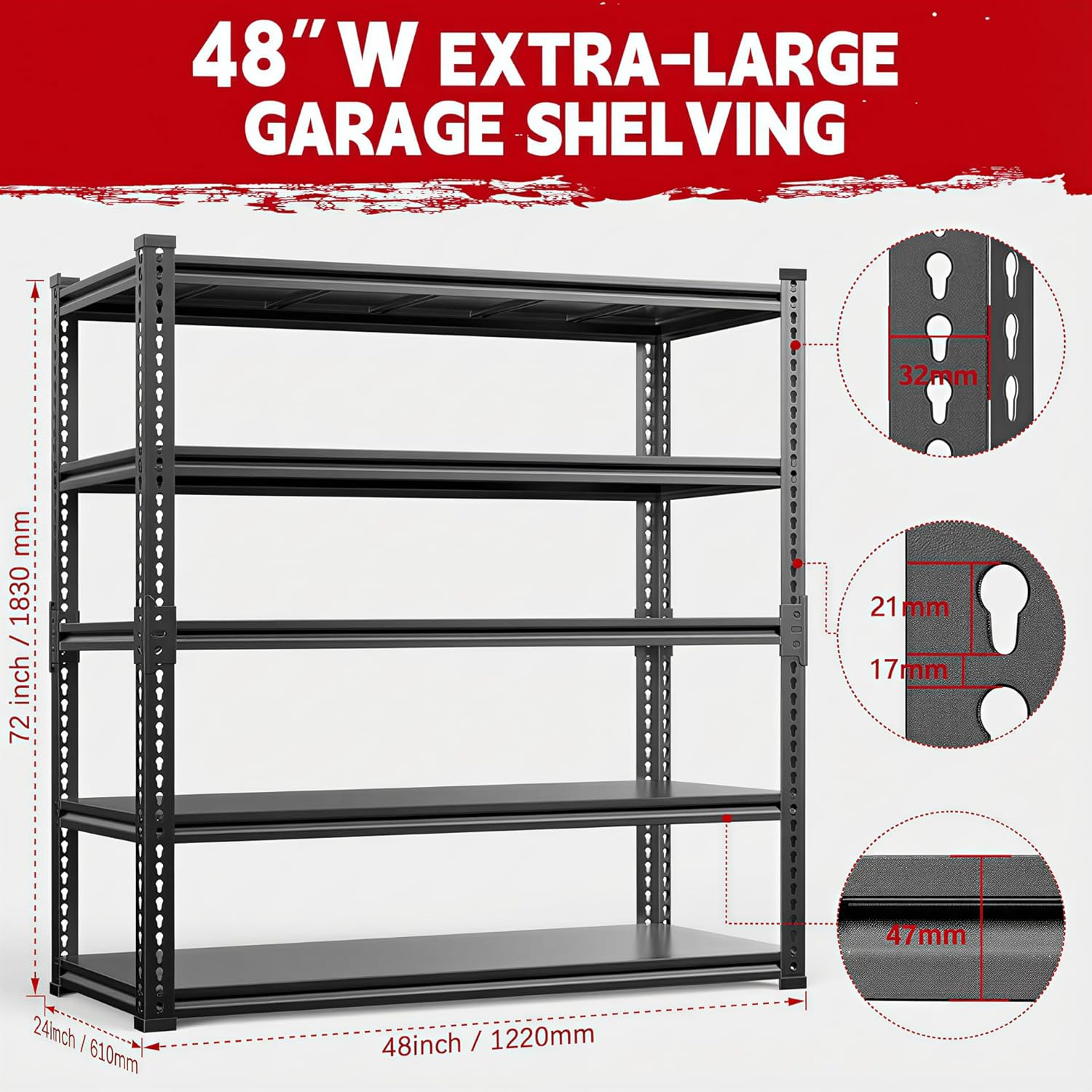 Lauxery 5 Tier Metal Garage Shelving Unit 72x48x24-3000LBS Heavy Duty Storage Rack, Adjustable Boltless Wide Shelves, Freestanding Utility Shelf