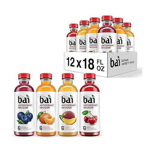 Bai Flavored Water, Safari Variety Pack, Antioxidant Infused Drinks, 3 Each of Brasilia Blueberry, Costa Rica Clementine, Malawi Mango, Zambia Bing Cherry,18 Fl Oz Bottles (Pack of 12)
