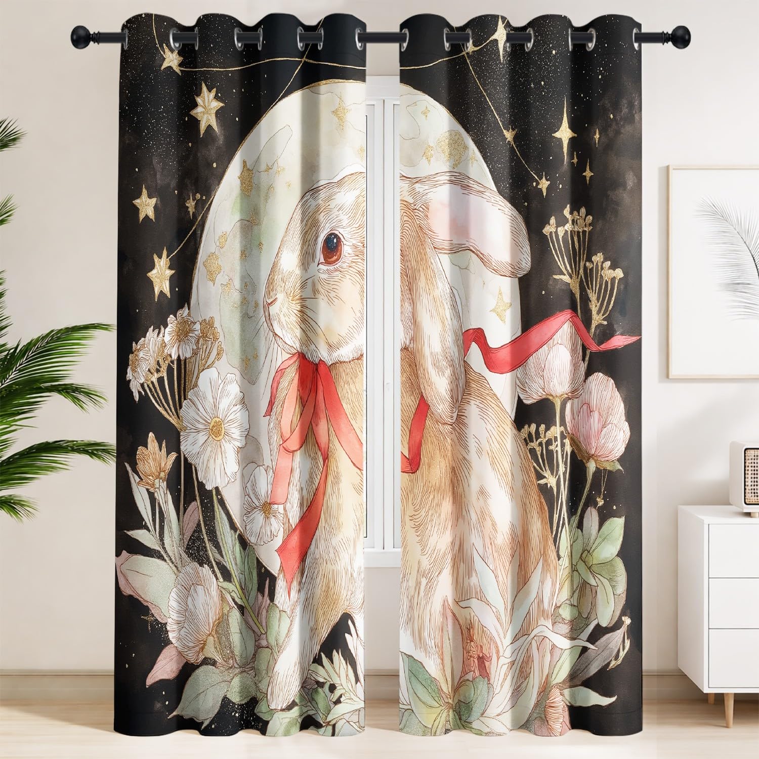 Genérico cuento de hadas onírico - Cortina opaca con flores, rodeada, diseño de conejo con estrellas, cortinas térmicas, ventana, decoración con ojales para salón, dormitorio, 140 x 240 cm, 2 paneles